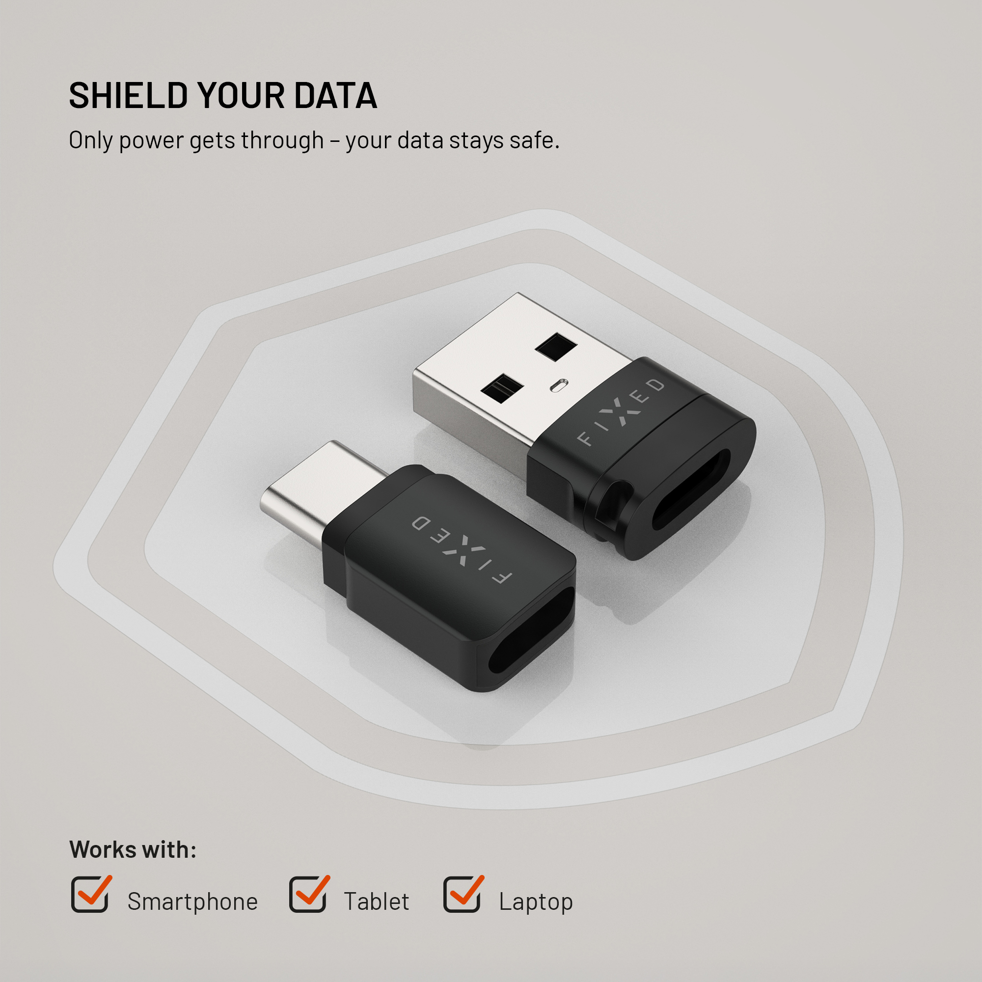 Zwei schwarze USB-A- und USB-C-Datenblocker auf grauem Hintergrund, kompatibel mit Smartphones, Tablets und Laptops.