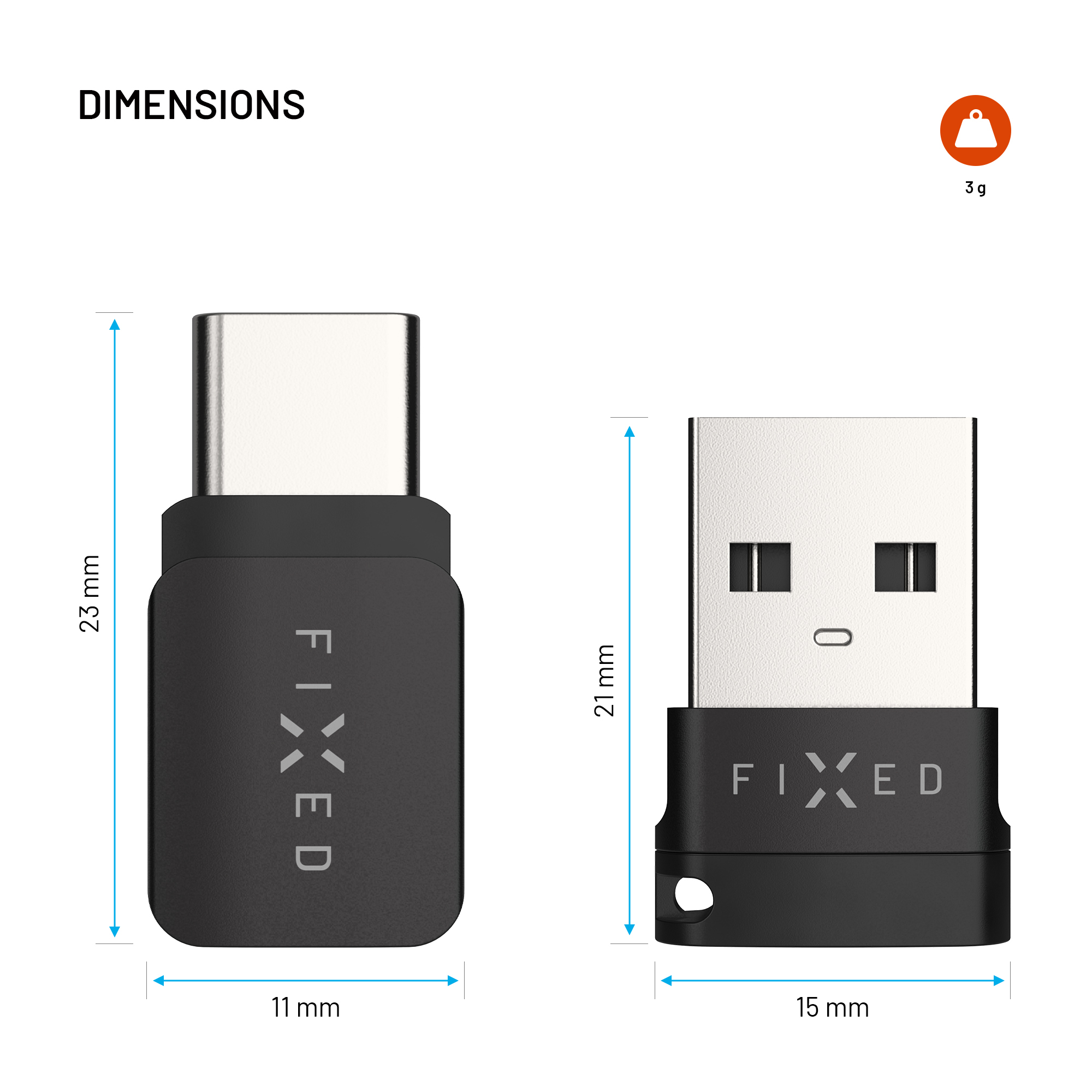 Technische Zeichnung mit Maßen und Gewicht von zwei schwarzen FIXED USB-Adaptern.