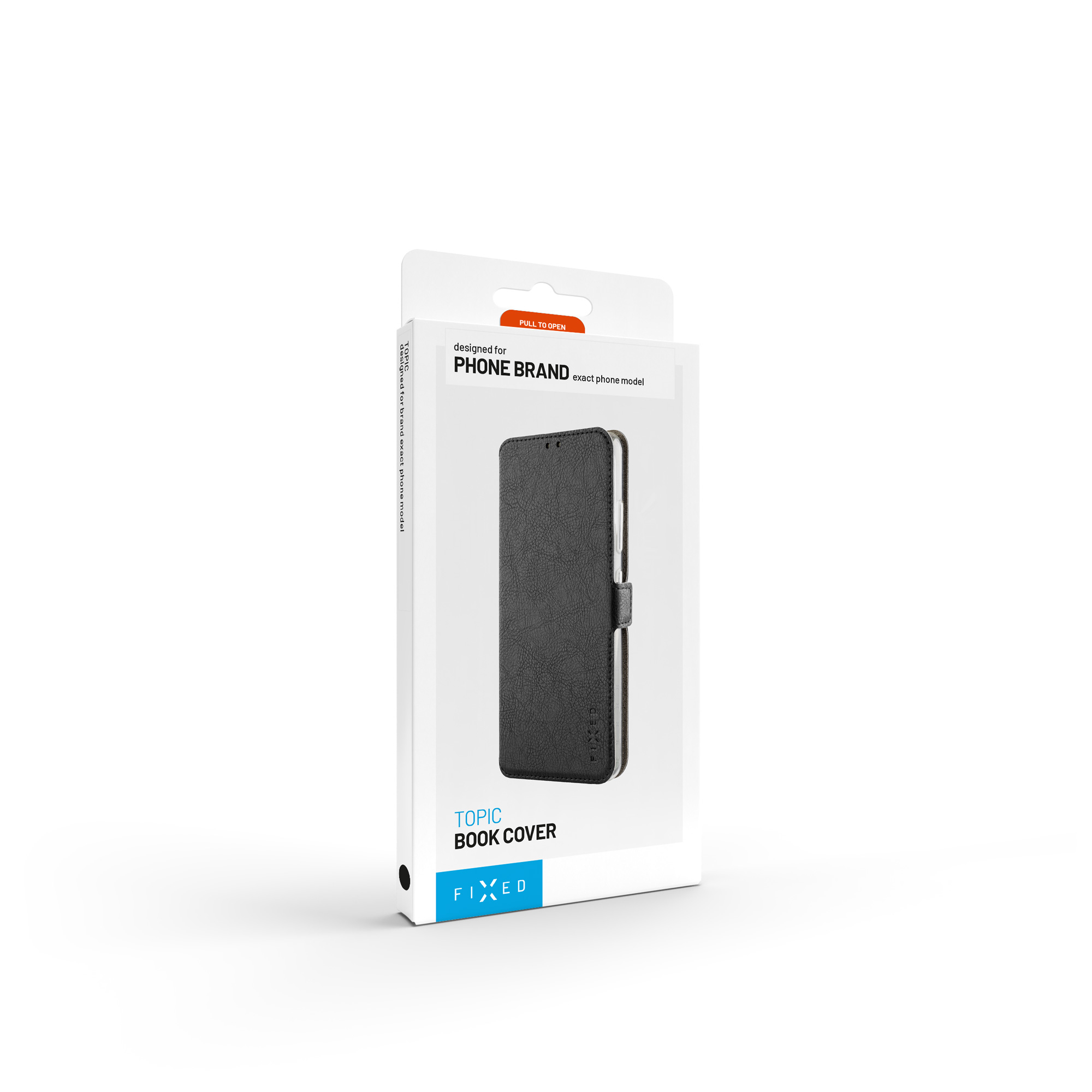 Eine weiße Verpackung für eine schwarze Handy-Buchhülle mit blauen und orangen Akzenten und Fixed-Logo.