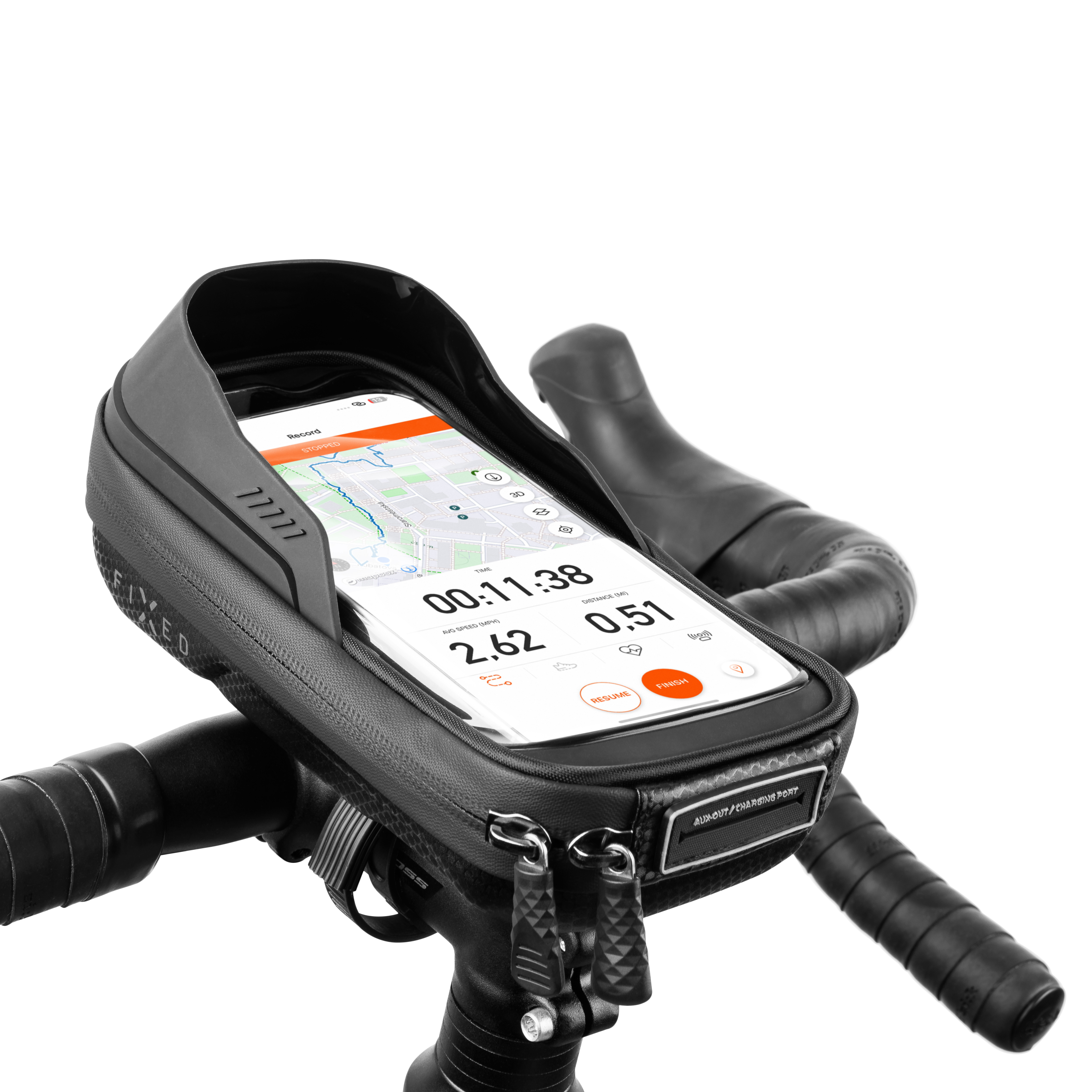 Schwarze Fahrradlenkertasche mit Smartphone, das Navigations- und Fitnessdaten anzeigt.
