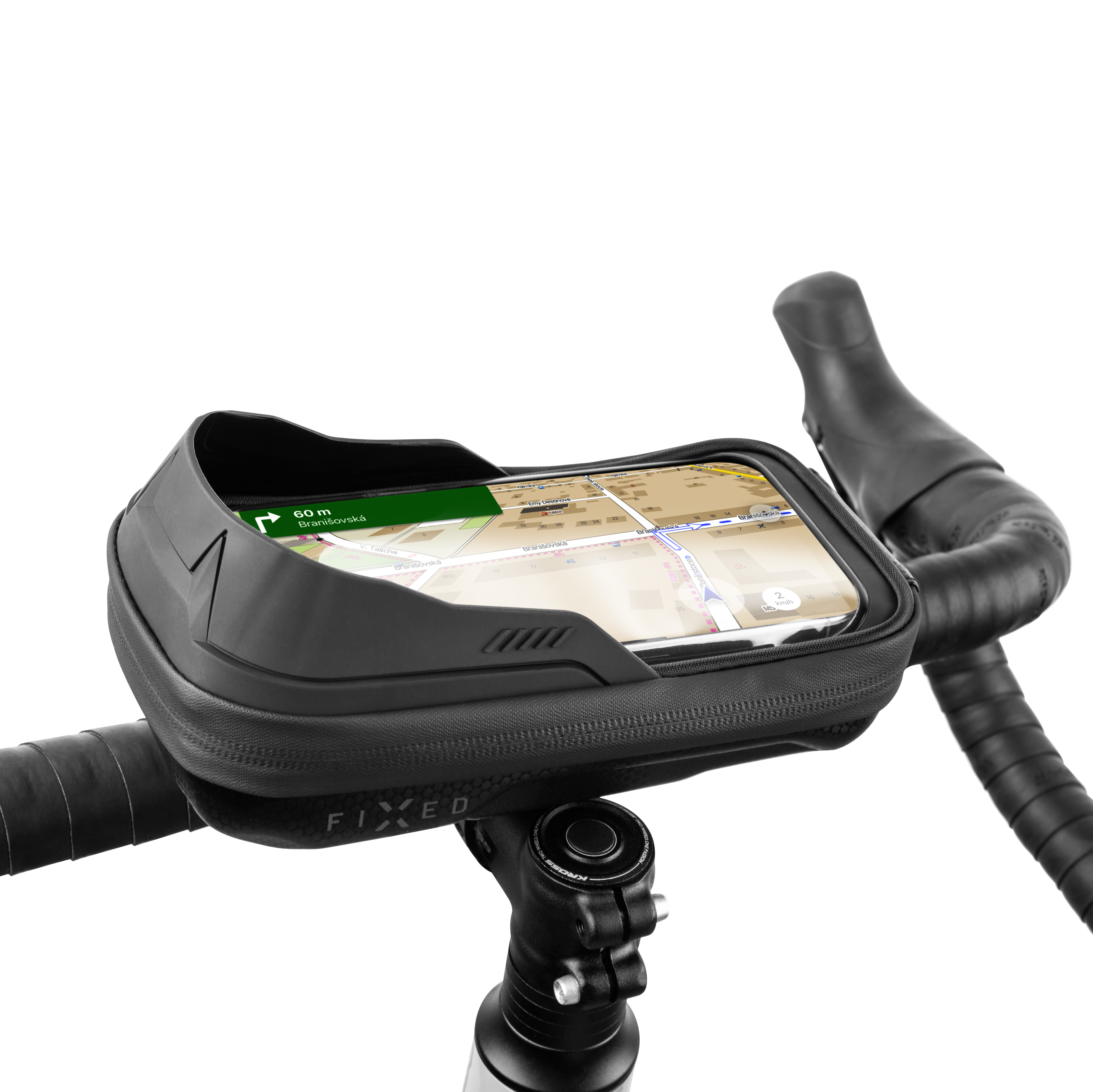 Schwarze Fahrrad-Lenkertasche mit Smartphone und Navigationskarte, montiert am Lenker.