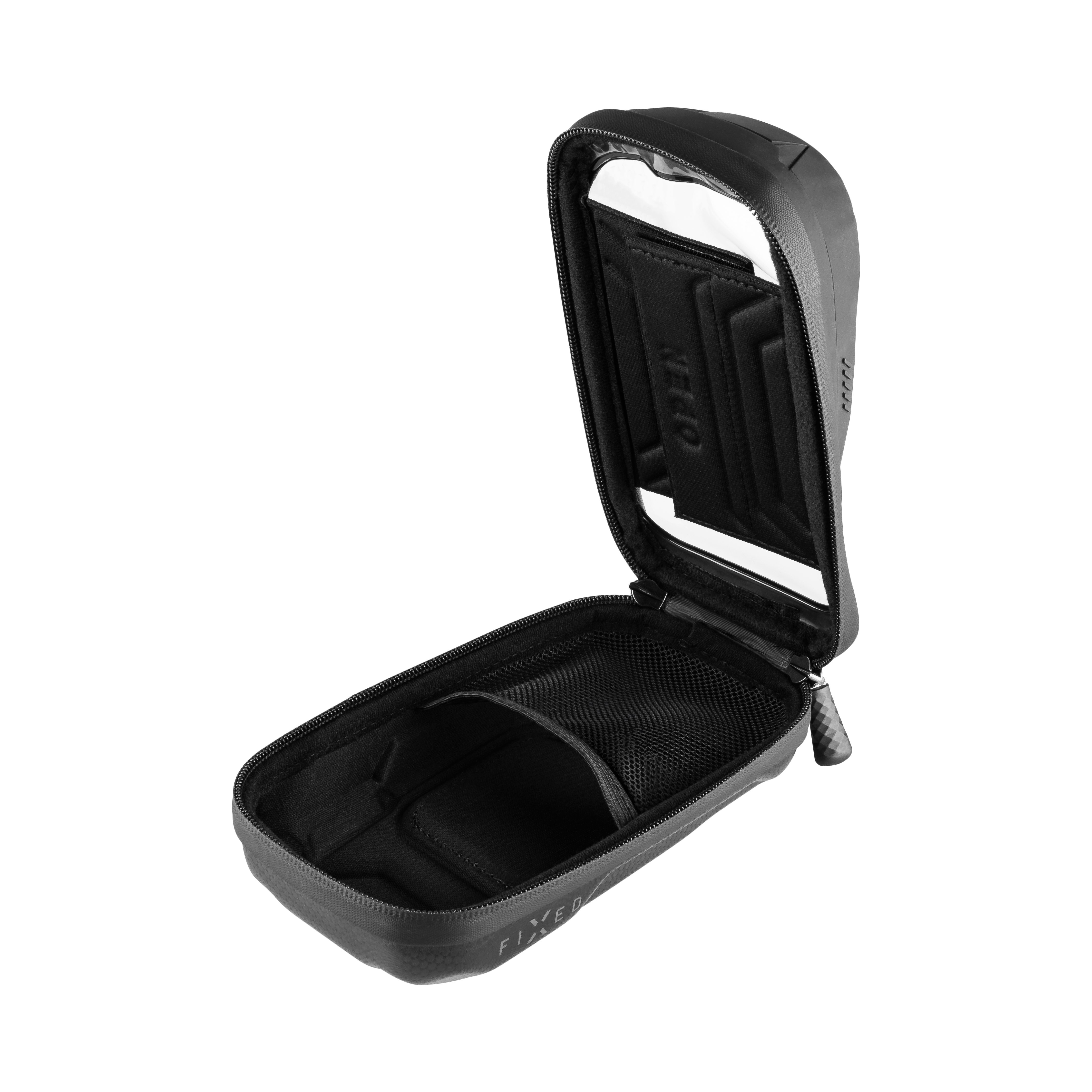 Offene schwarze Fahrradtasche mit Reißverschluss und Netzfach auf weißem Hintergrund.