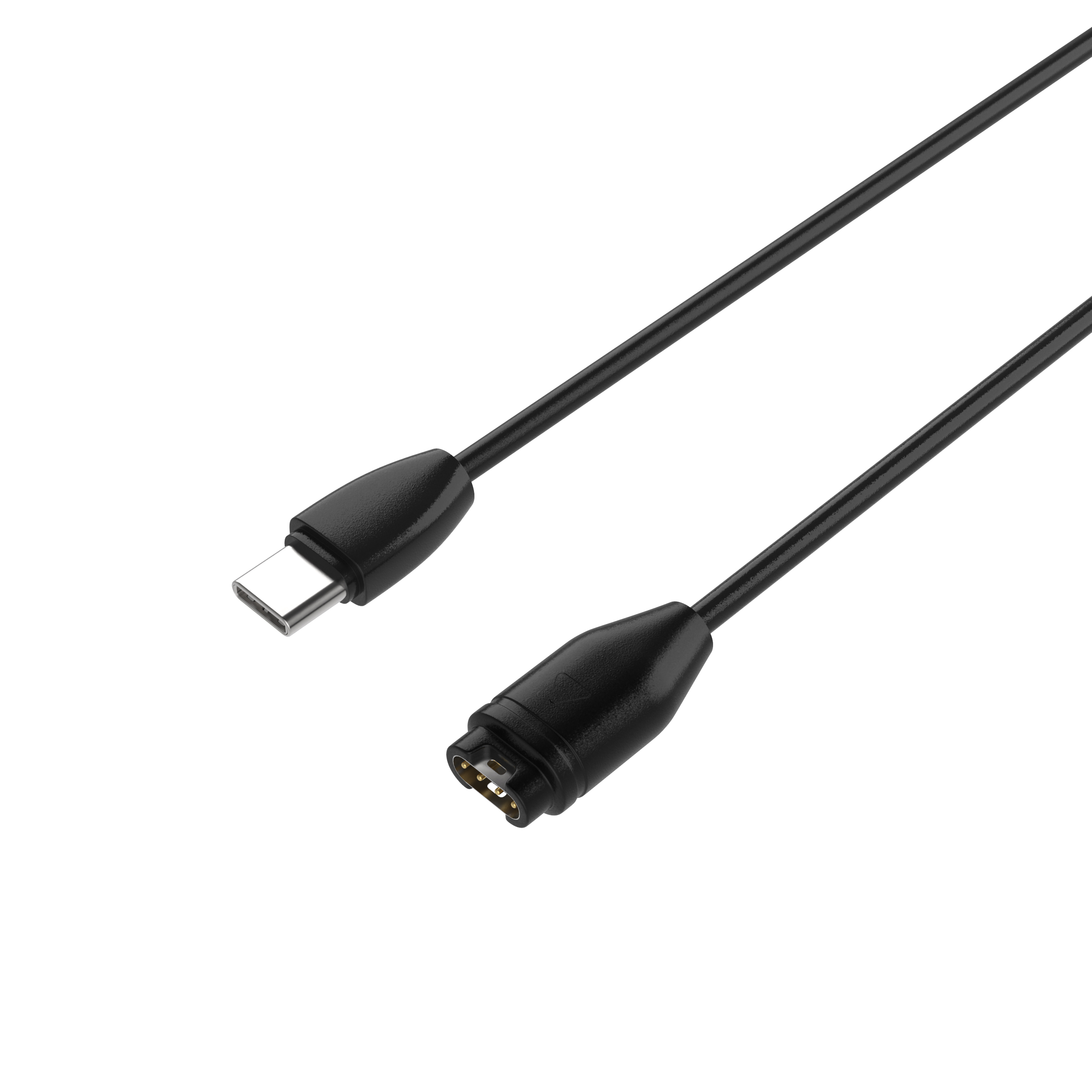 Ein schwarzes USB-C auf magnetisches Ladekabel auf weißem Hintergrund.