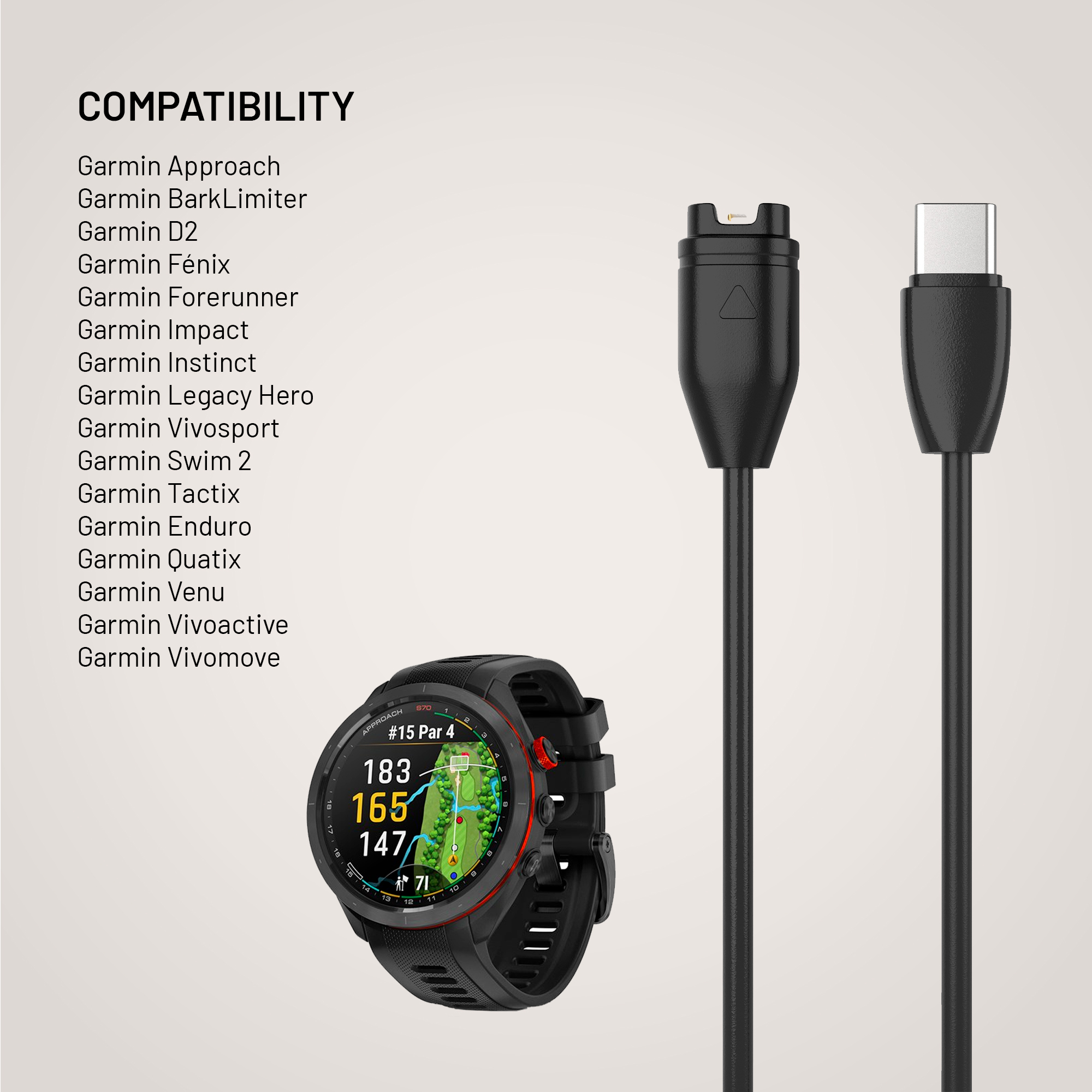 Kompatibilitätsliste mit Garmin-Uhr und Ladekabel.