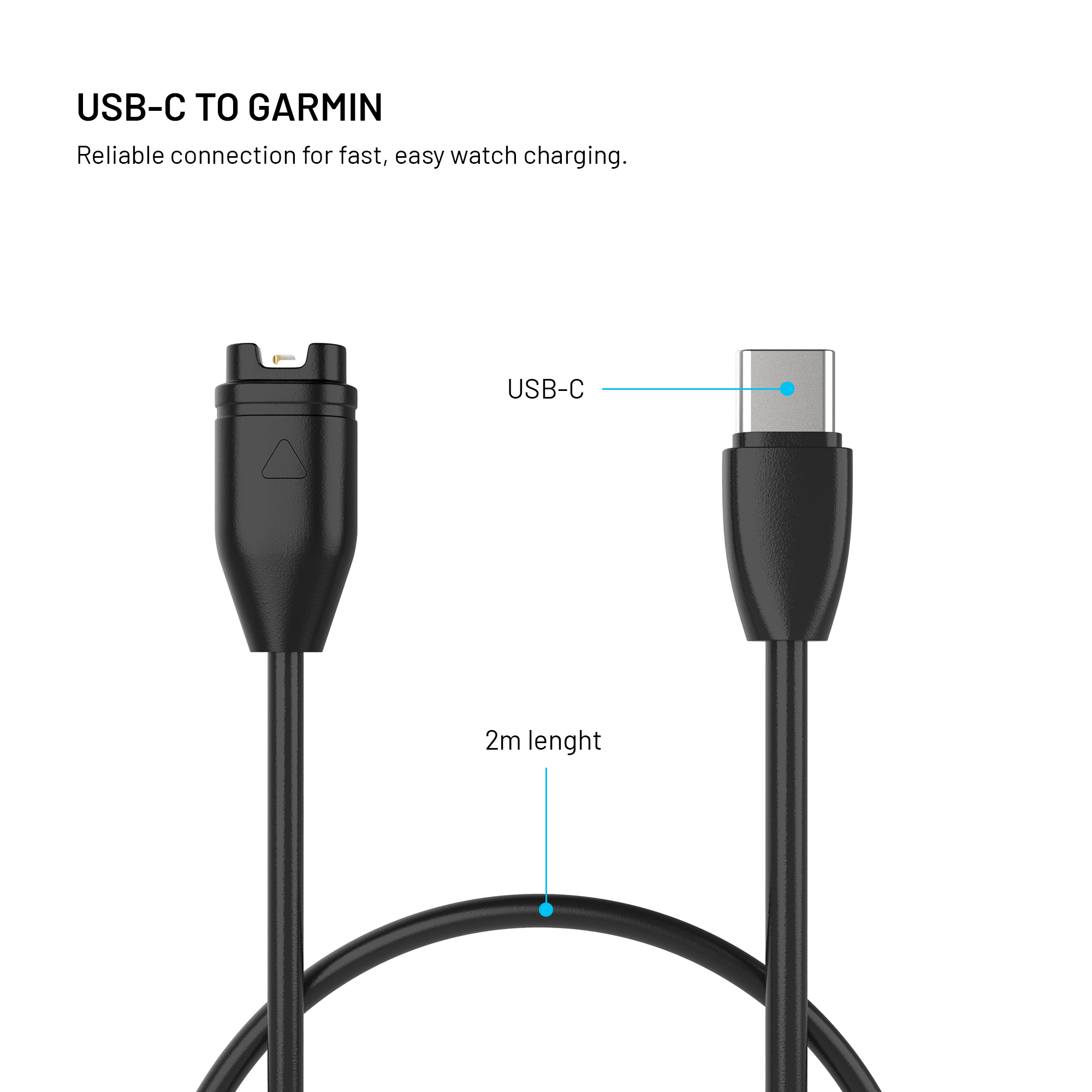 Ein 2m langes USB-C zu Garmin Ladekabel mit schwarzem Stecker und Kabel.