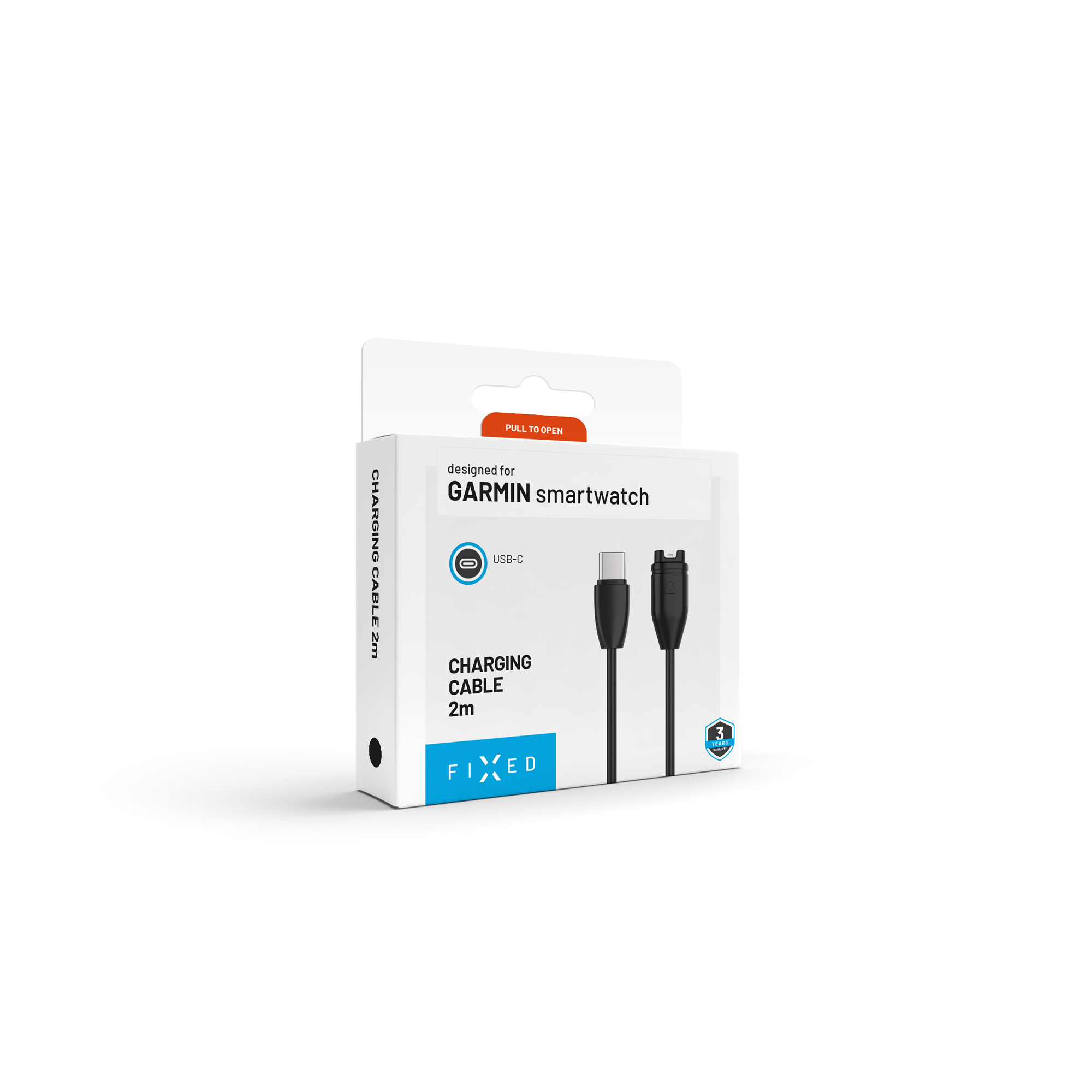 Weiße Produktverpackung für ein 2m langes USB-C Ladekabel für Garmin Smartwatches mit blauer und oranger Beschriftung.