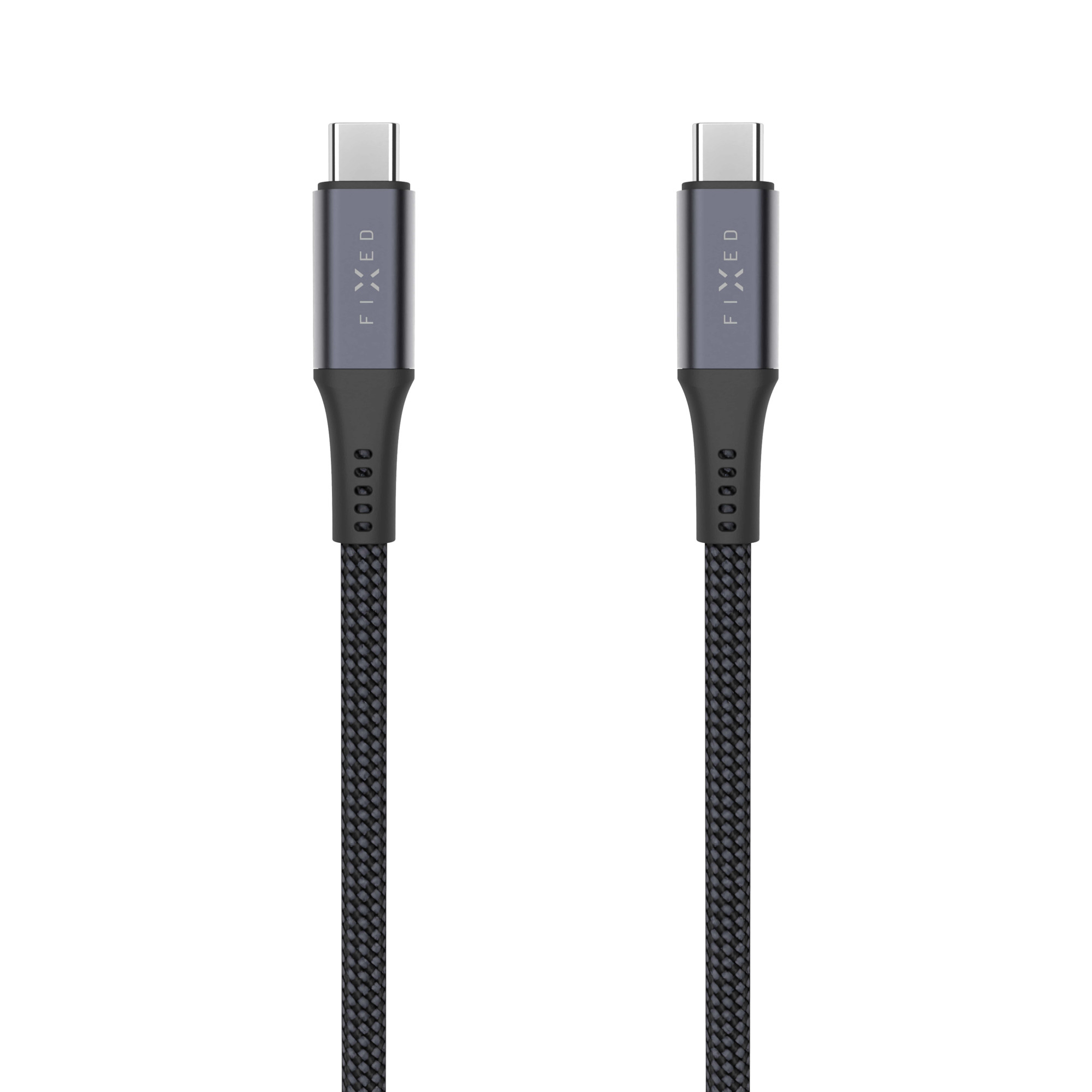 Zwei schwarze geflochtene USB-C-Kabel mit Metallsteckern und dem vertikal gedruckten Markennamen FIXED.