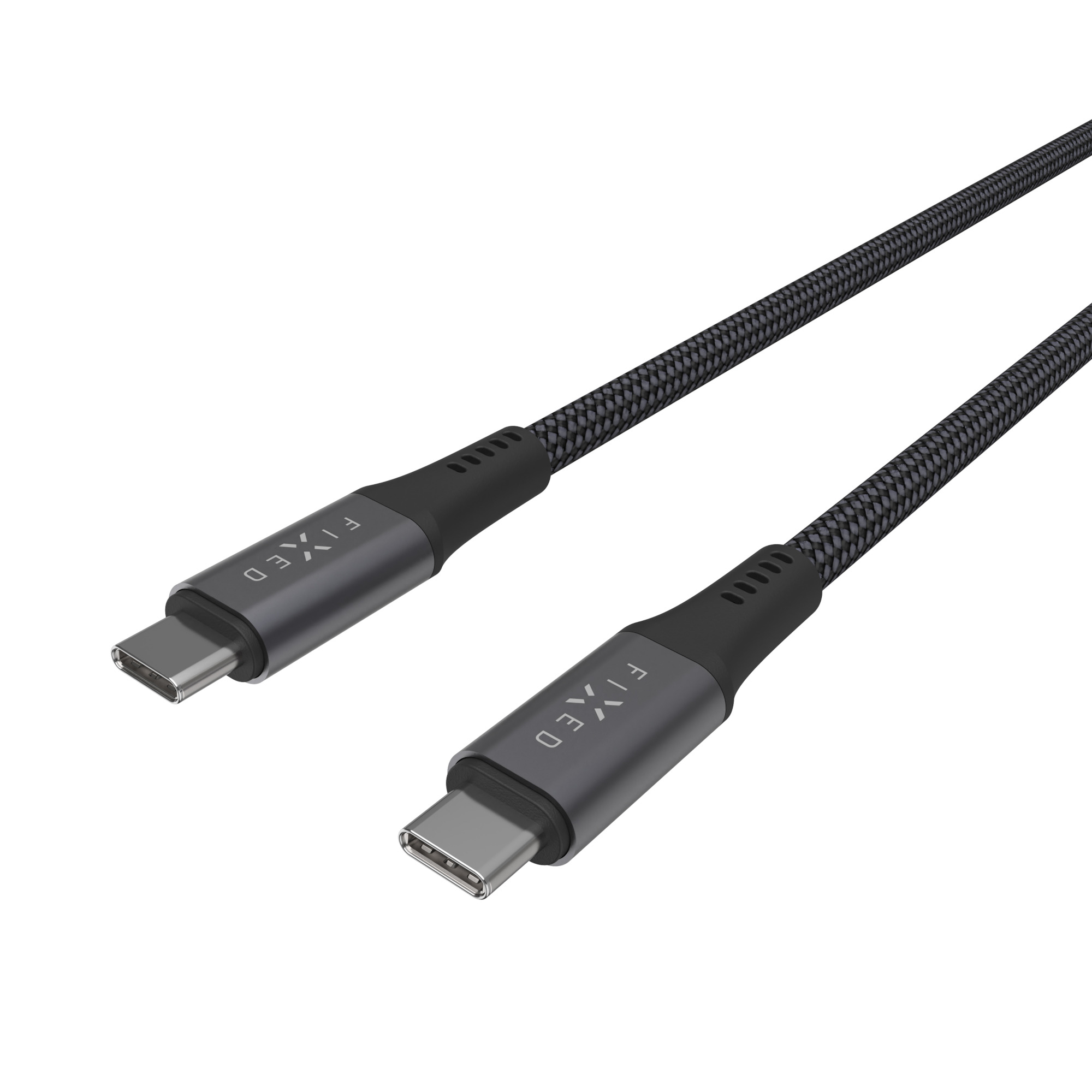 Ein schwarzes, geflochtenes USB-C-Kabel mit Metallsteckern auf weißem Hintergrund.