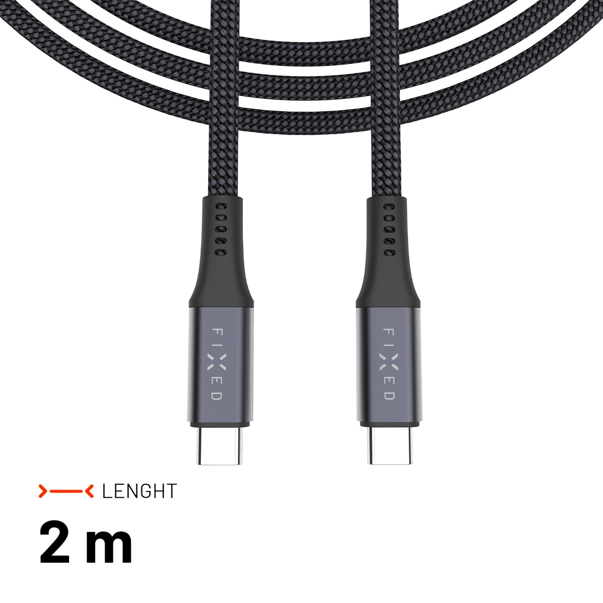 Ein 2 Meter langes, geflochtenes schwarzes USB-C-Kabel mit Metallsteckern und der Aufschrift FIXED.