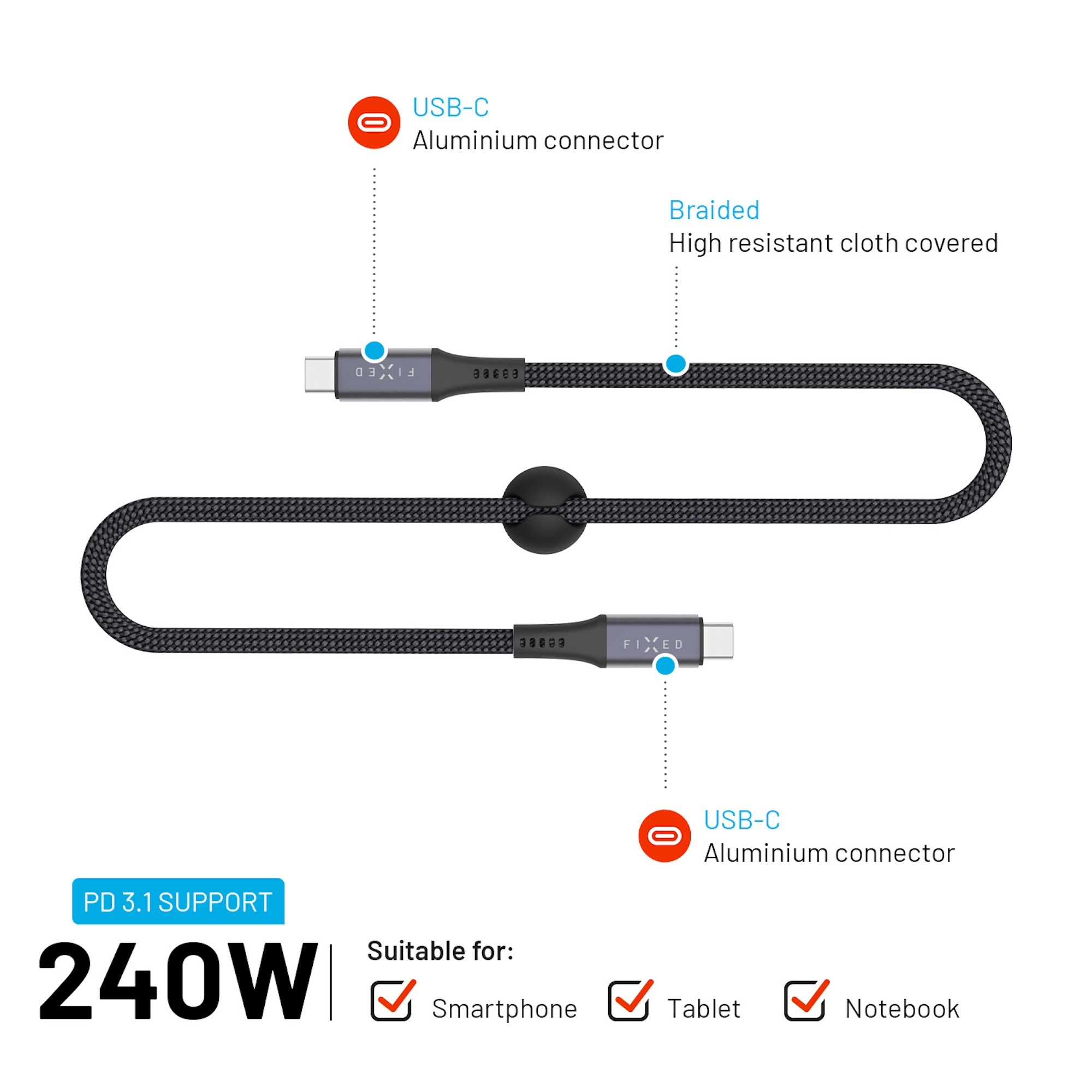 Ein 240W USB-C Kabel mit Aluminium-Anschlüssen, geflochtenem Textil und Kabelhalter.