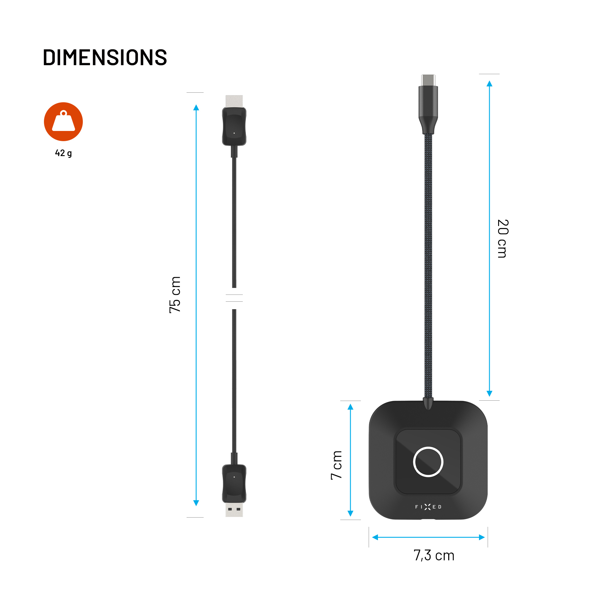 Dimensionsskizze eines schwarzen FIXED-Ladegeräts mit integriertem Kabel, Gewicht 42 g und Maßangaben.