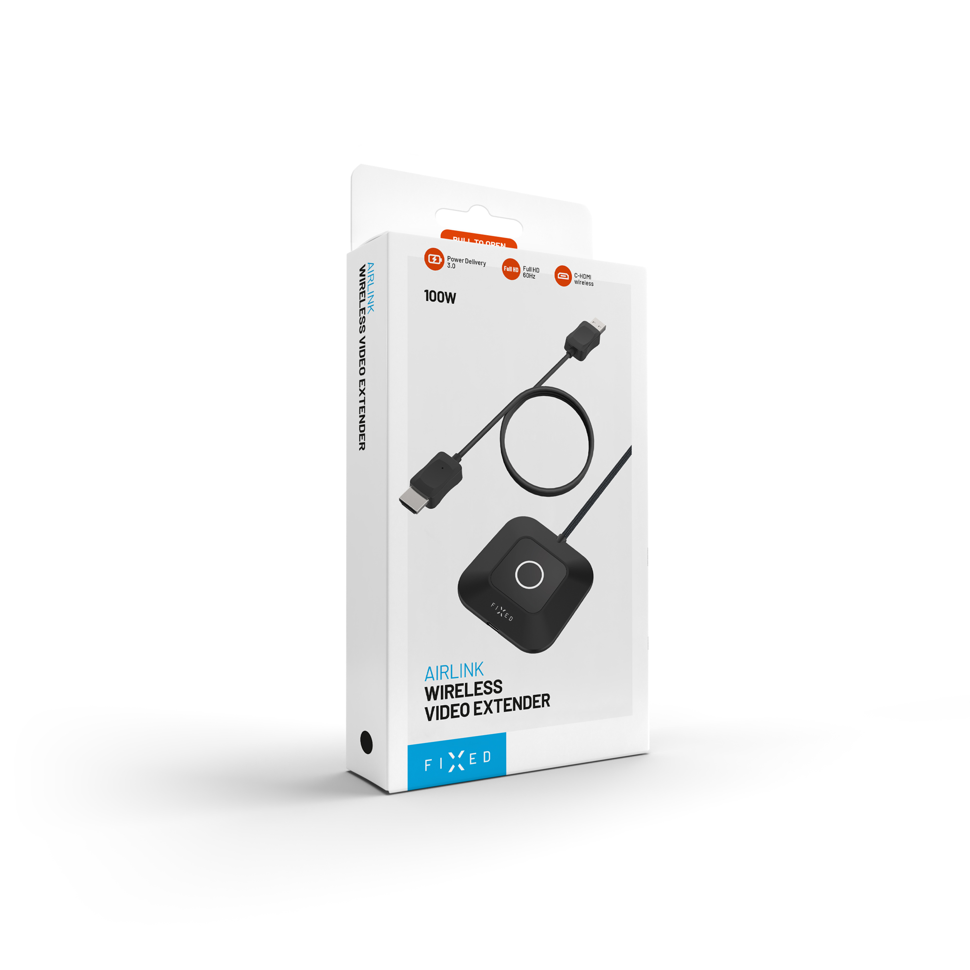 Produktbox für den FIXED Airlink Wireless Video Extender mit schwarzem Empfänger und Kabel vor weißem Hintergrund.