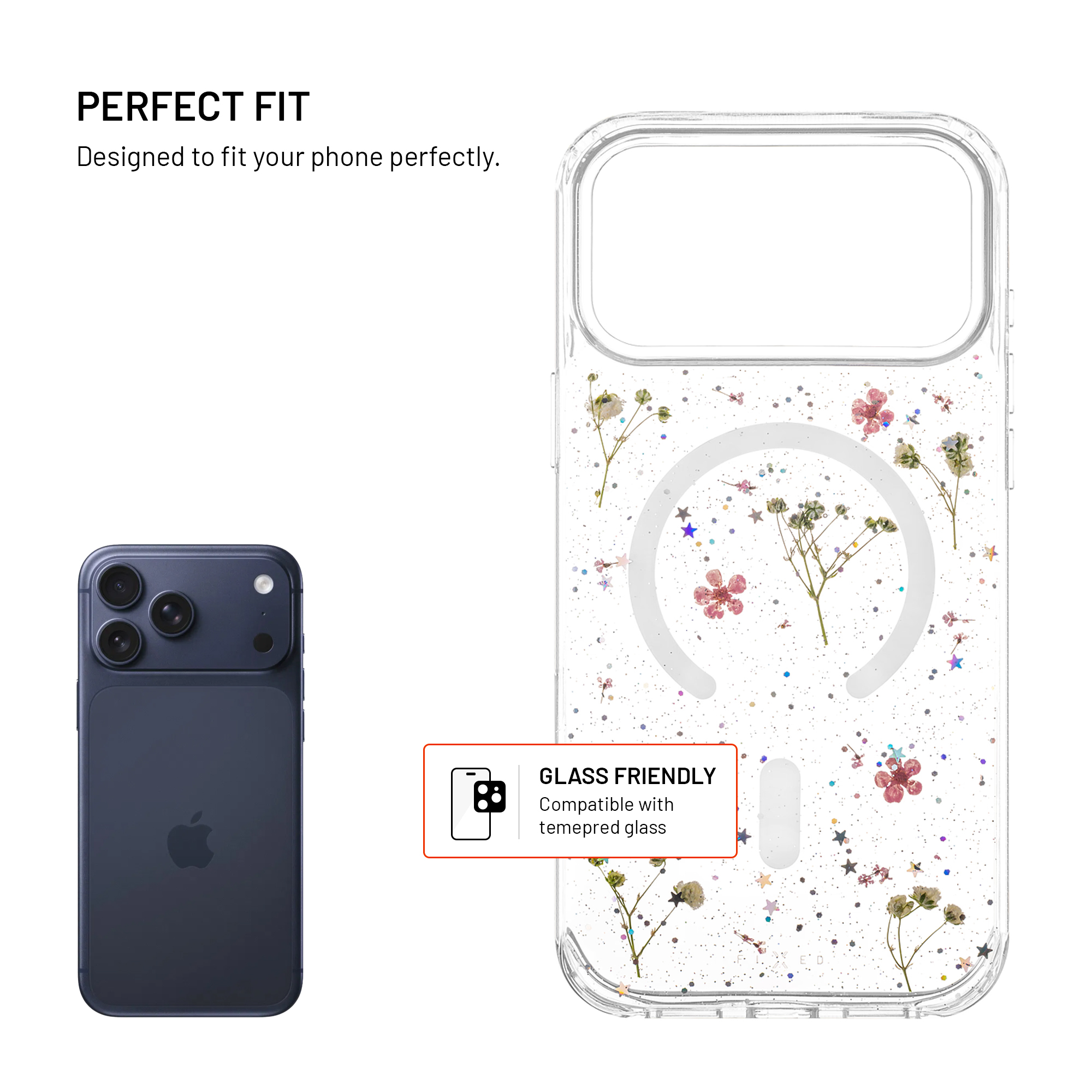 Ein dunkelblaues Smartphone neben einer transparenten Handyhülle mit Trockenblumen und Glitzer.