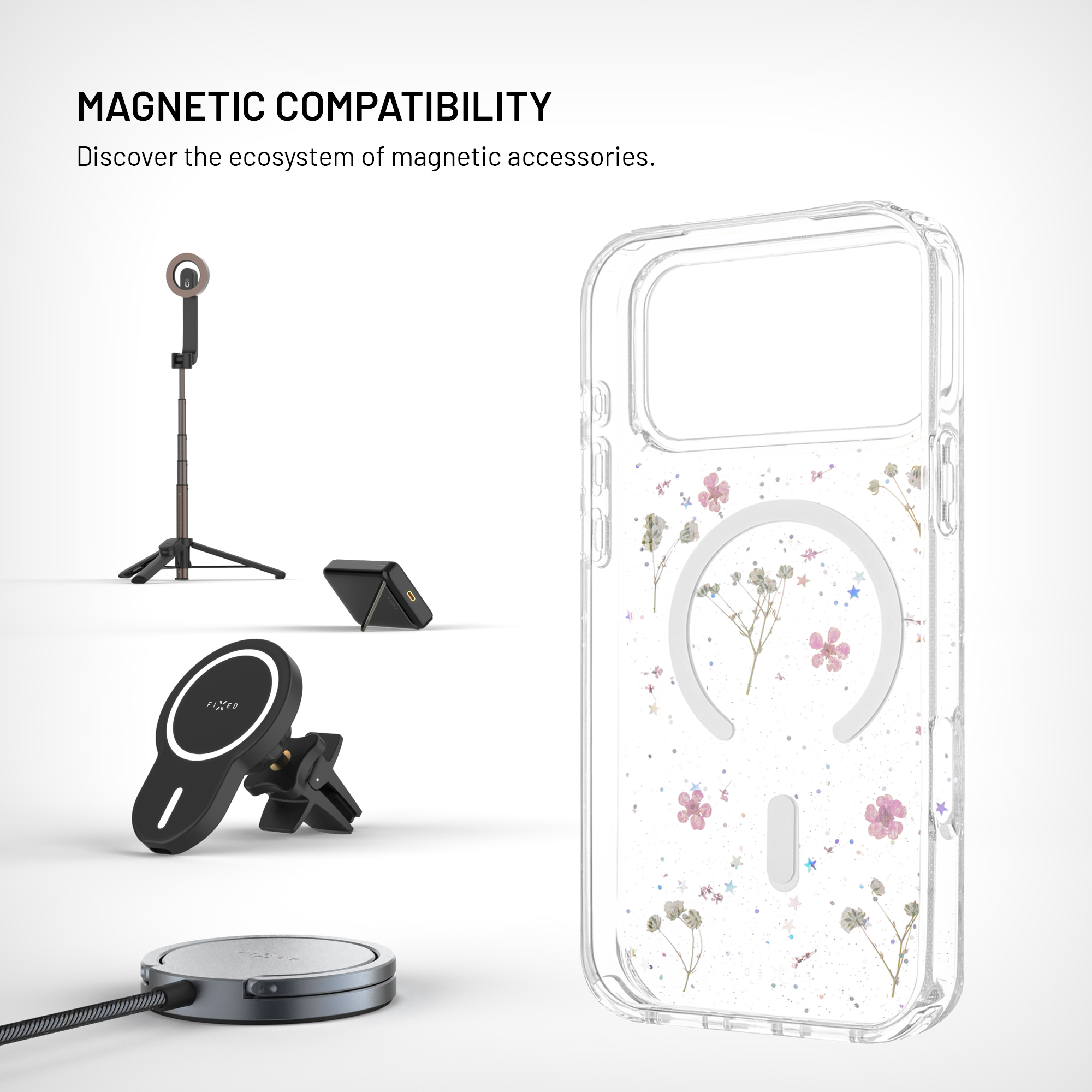 Klare Handyhülle mit getrockneten Blumen und Magnetring sowie Magnetzubehör auf weißem Hintergrund.