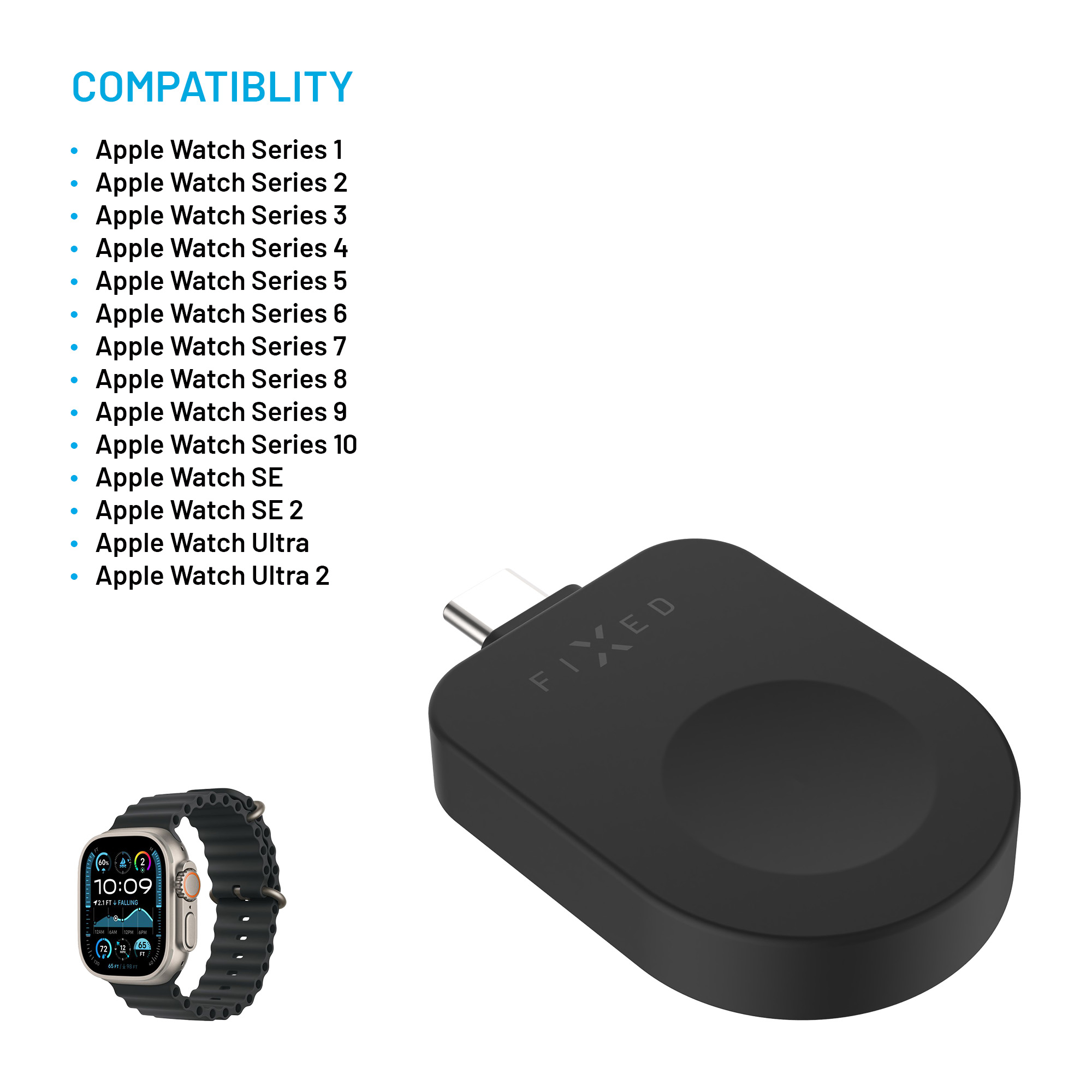Schwarzes Ladegerät für Apple Watch mit USB-C und Kompatibilitätsliste.