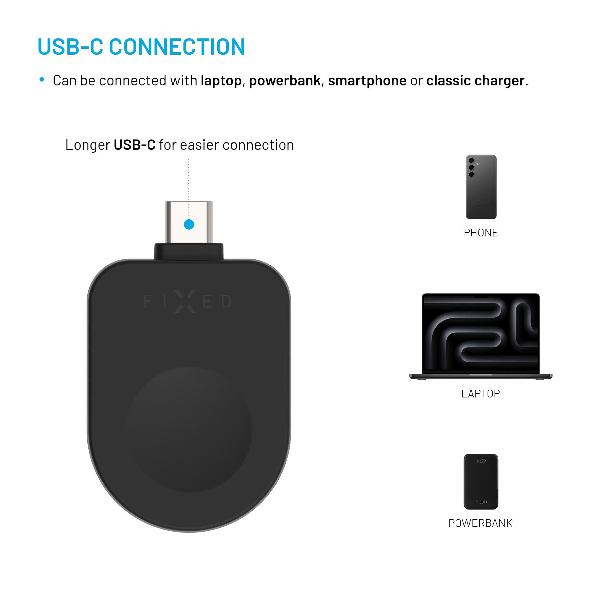 Diagramm zeigt USB-C-Anschluss eines schwarzen Fixed-Geräts mit Smartphone, Laptop und Powerbank.