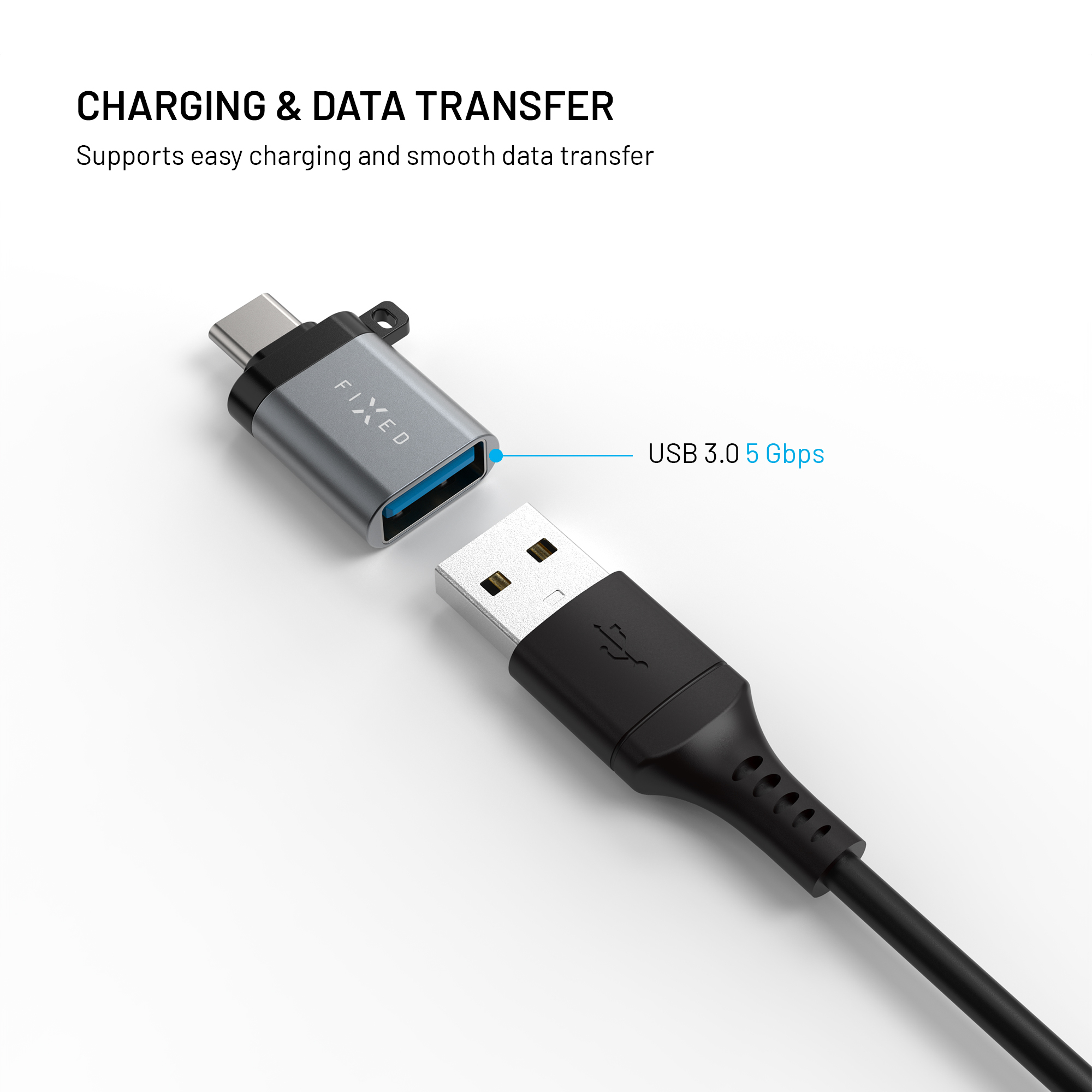 Ein USB-C-auf-USB-3.0-Adapter und ein schwarzes Kabel auf weißem Hintergrund.