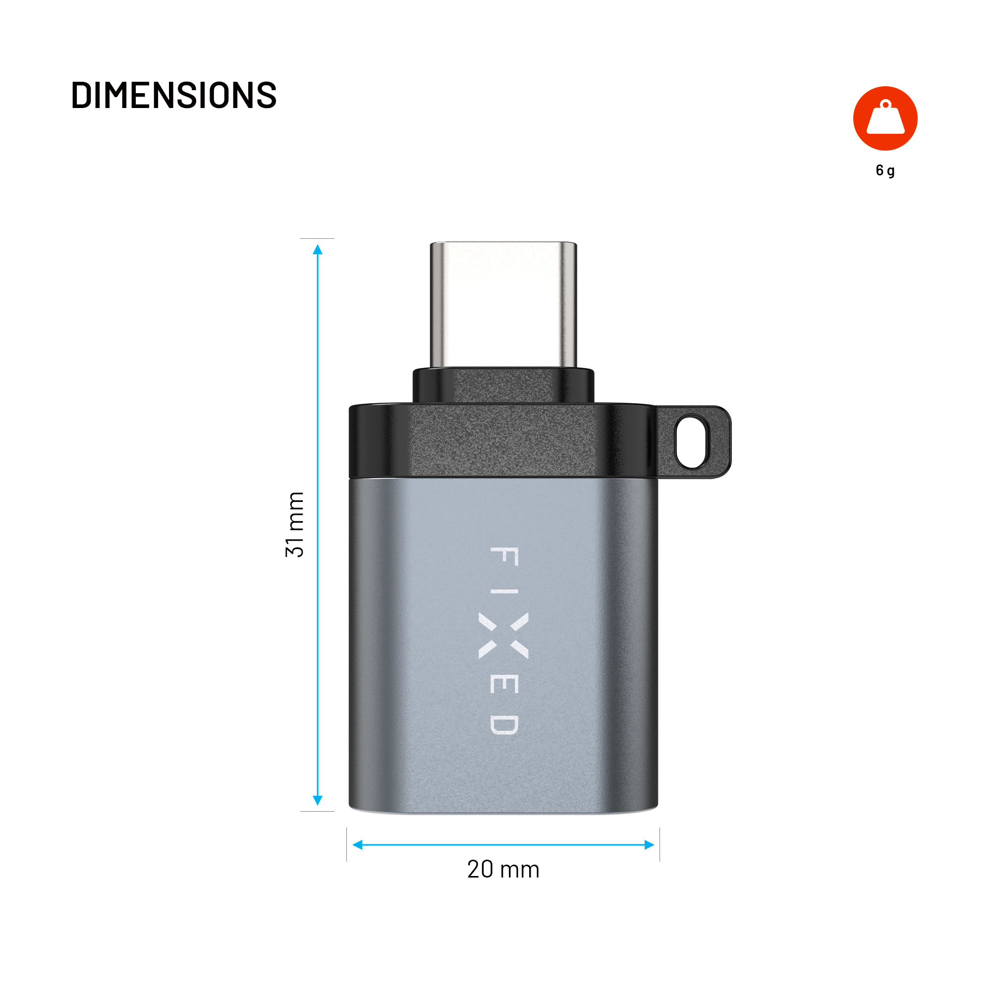 Diagramm zeigt USB-C-Adapter mit Maßen von 31x20 mm und 6g Gewicht.