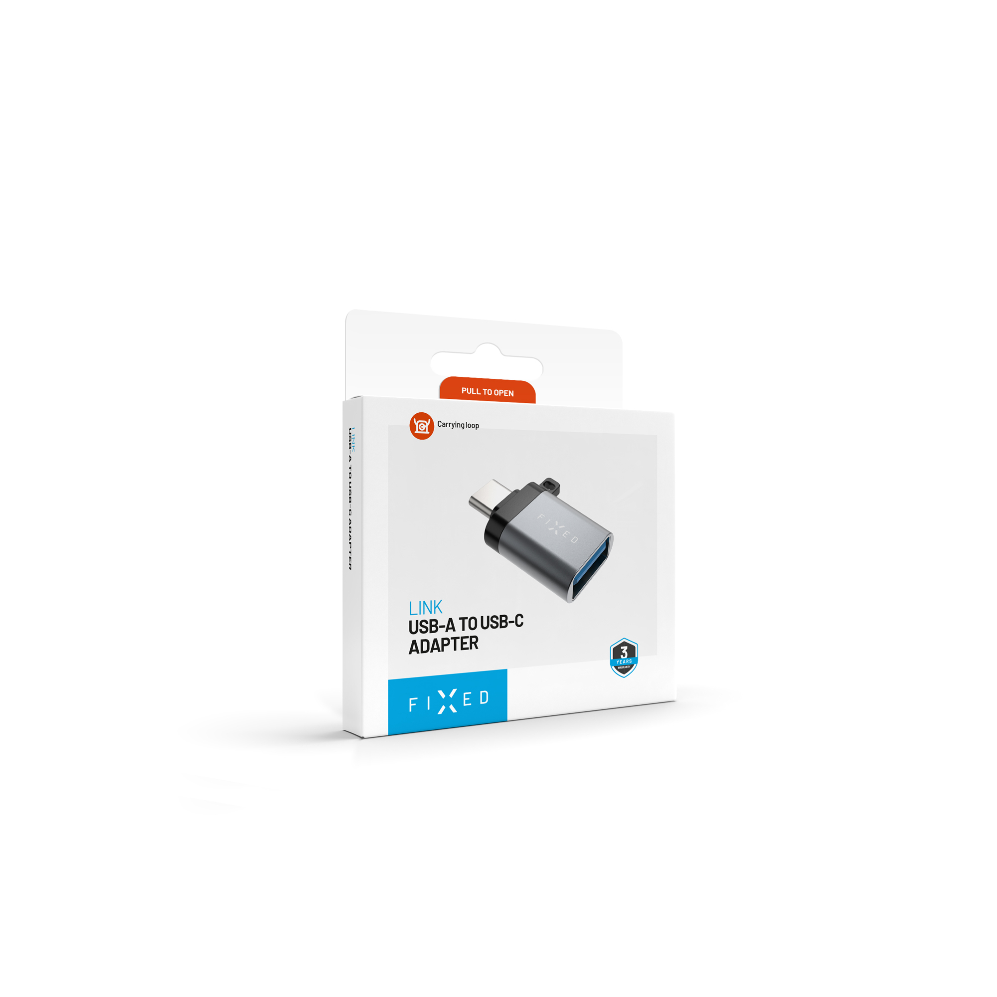 Produktverpackung für einen grauen FIXD USB-A-zu-USB-C-Adapter mit Hängeöse vor weißem Hintergrund.