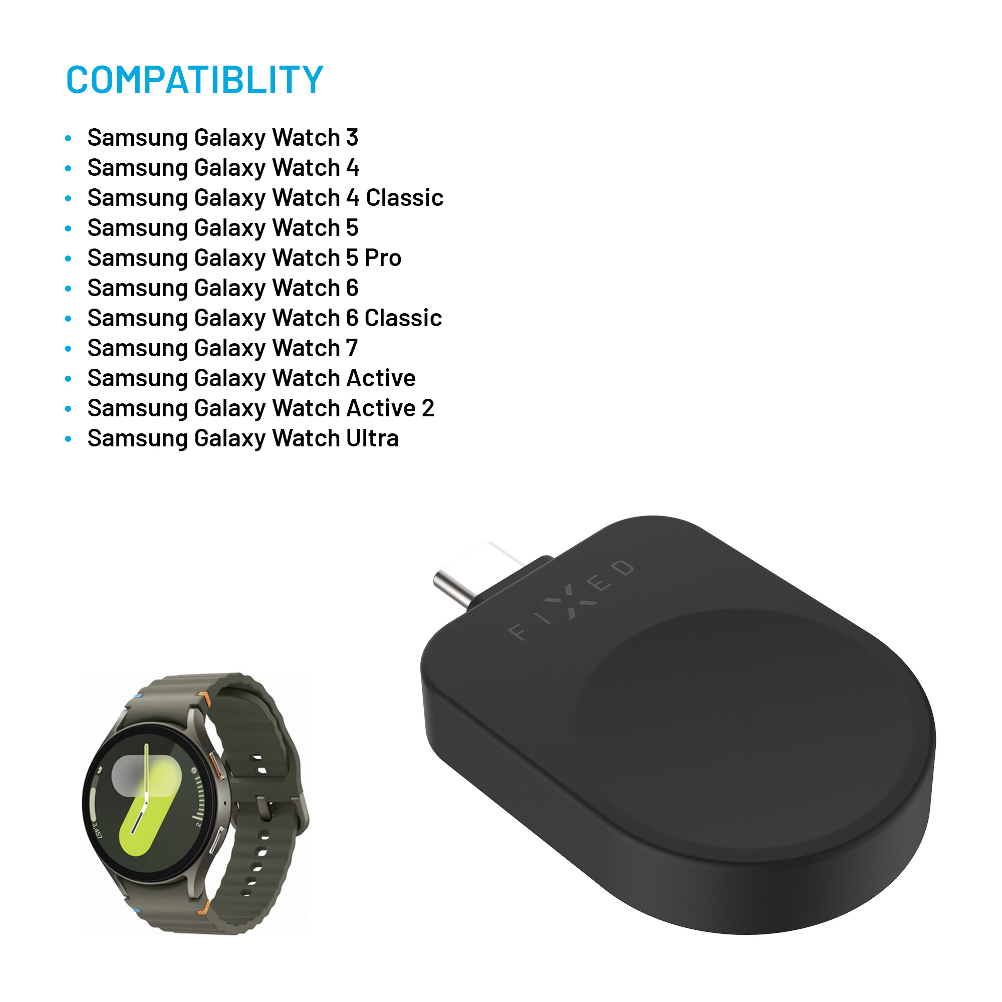 Kompatibilitätsliste und ein schwarzes Fixed USB-C-Ladegerät für Samsung-Uhren mit einer Uhr.
