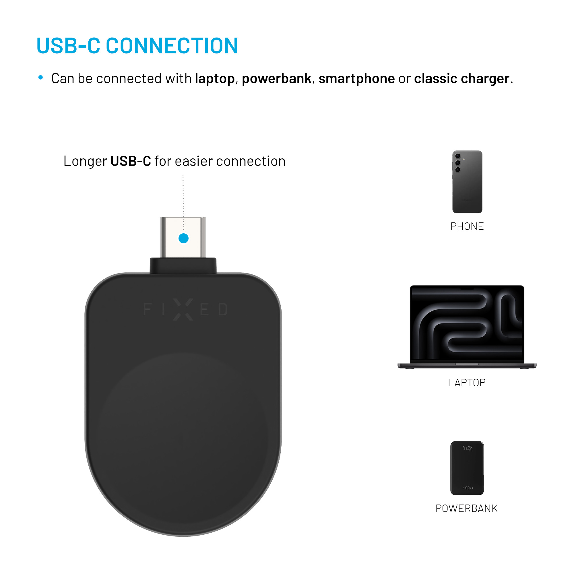 Ein schwarzer USB-C-Anschluss mit längerer Verbindung ist kompatibel mit Smartphones, Laptops und Powerbanks.