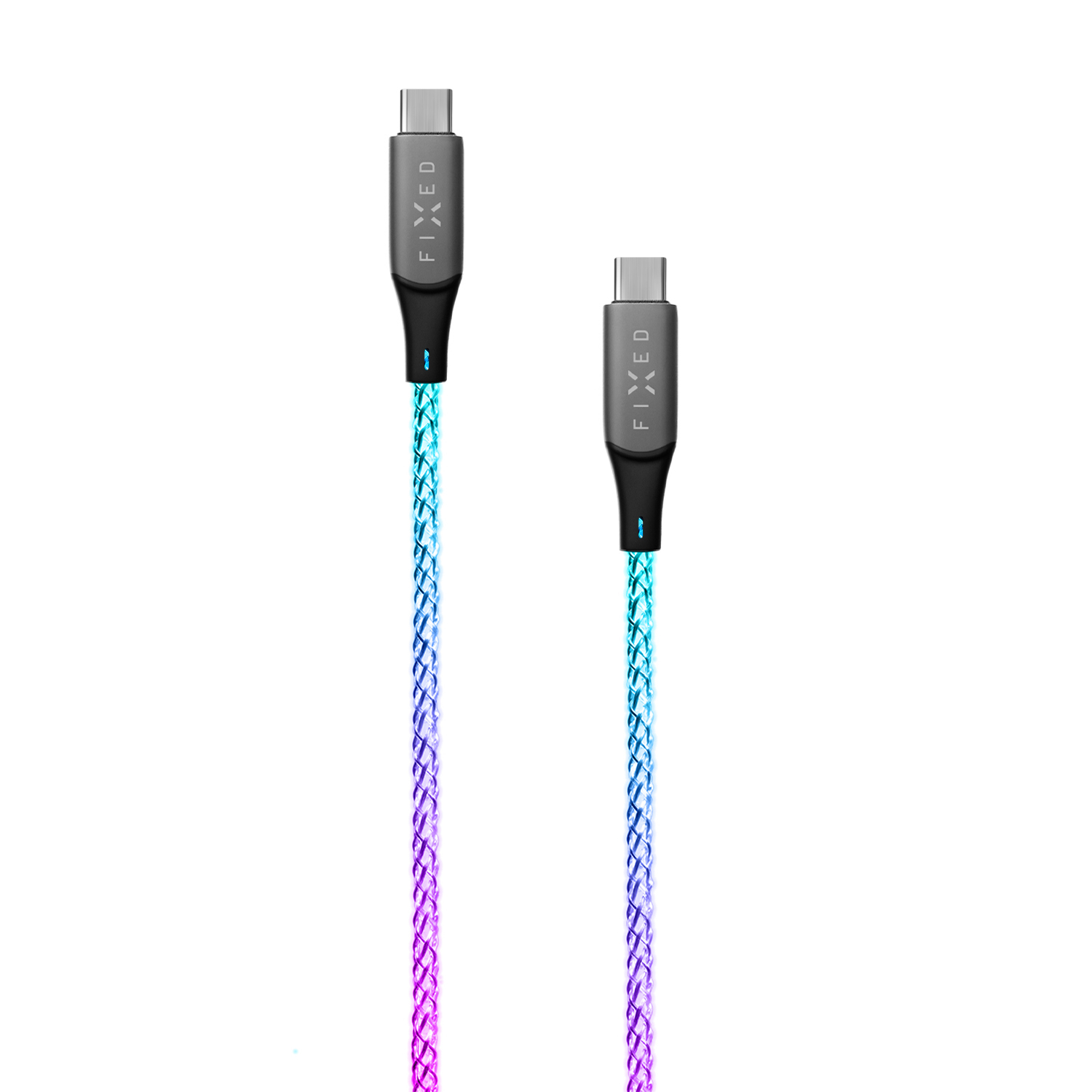 Zwei geflochtene USB-C-Kabel mit glänzenden grauen Steckern, die von blau zu lila übergehen, vor weißem Hintergrund.