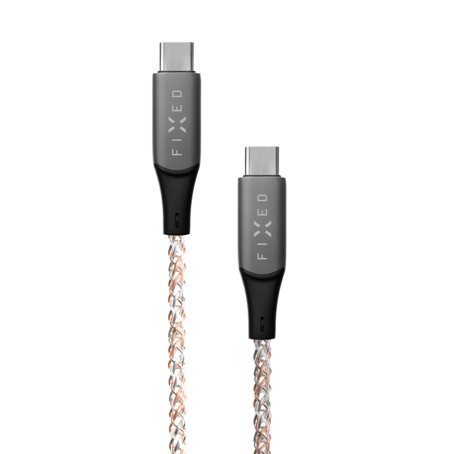 Zwei geflochtene USB-C-Kabel mit grauen Steckern und dem Aufdruck FIXED vor weißem Hintergrund.