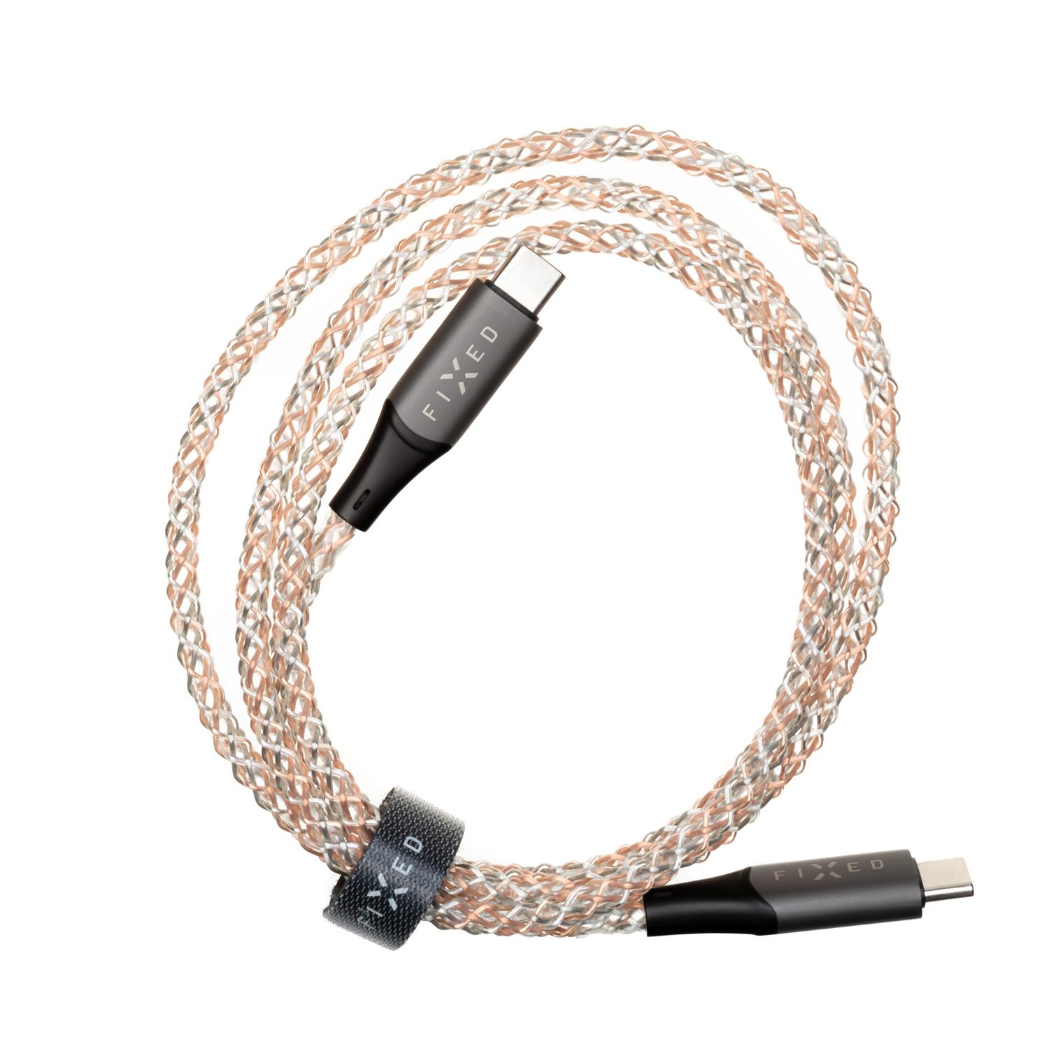 Ein gewebtes USB-C-Kabel in Silber- und Rosatönen mit schwarzen Steckern auf weißem Hintergrund.