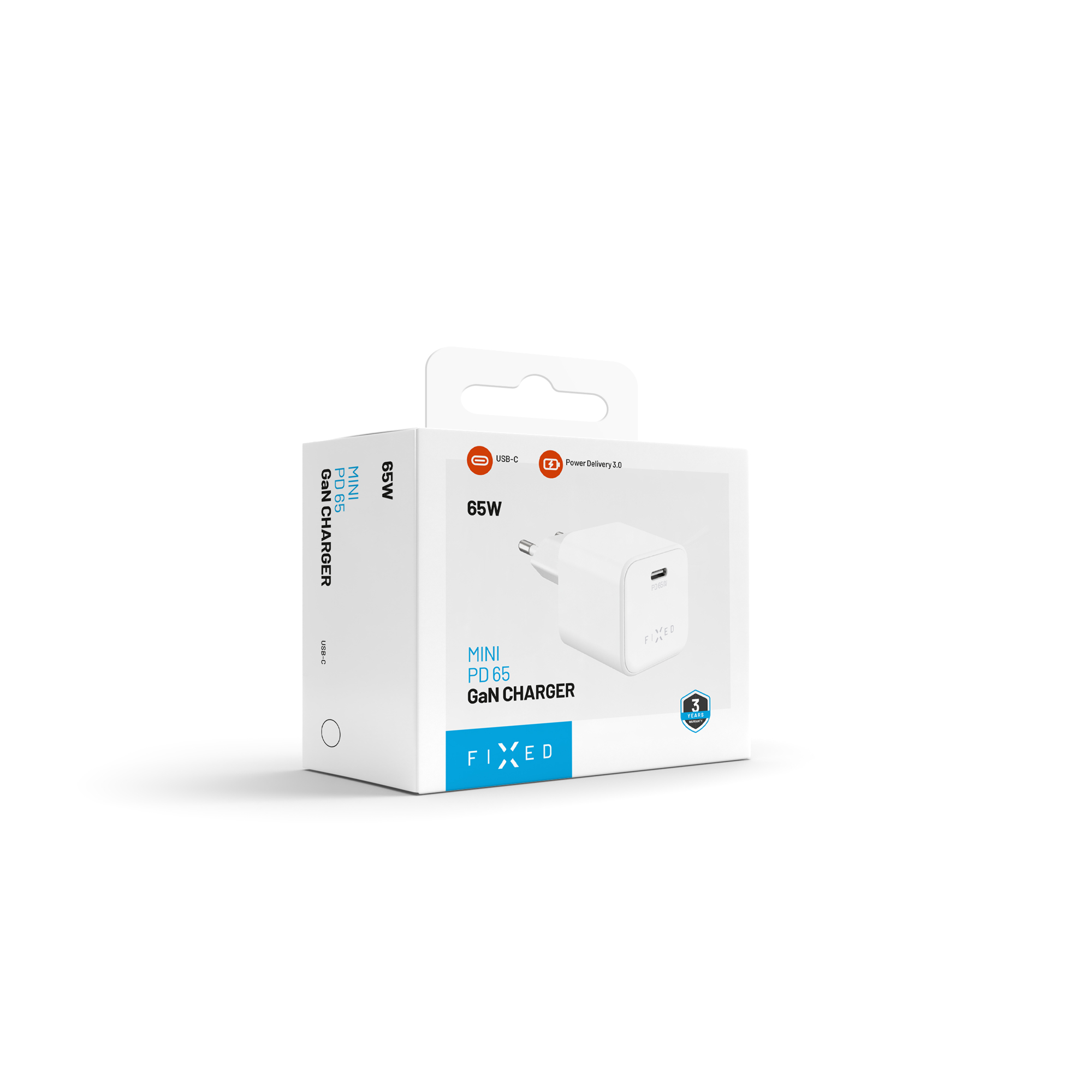 Weiße Produktbox für das FIXED Mini PD 65 GaN Ladegerät mit Ladegerätebild und blauem Branding.