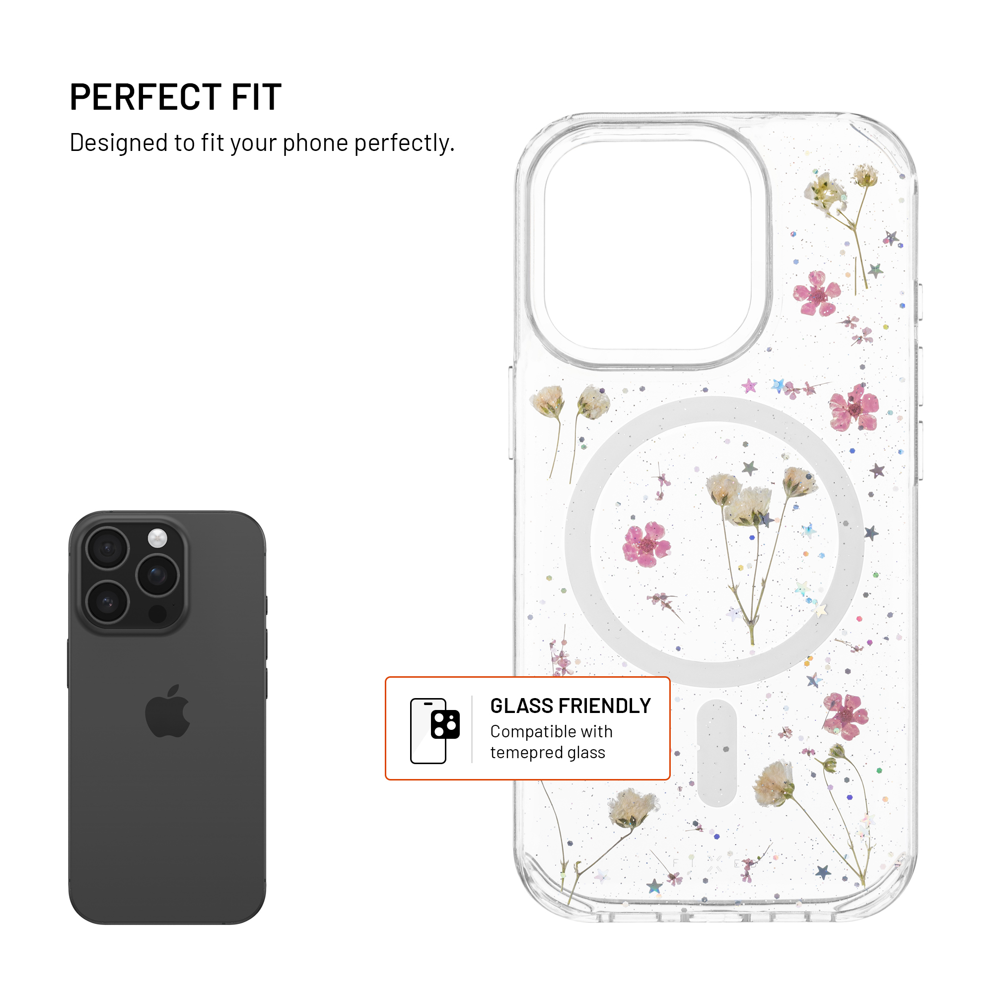 Transparente Handyhülle mit echten gepressten Blumen, Glitzer und MagSafe-Ring, neben einem schwarzen iPhone.