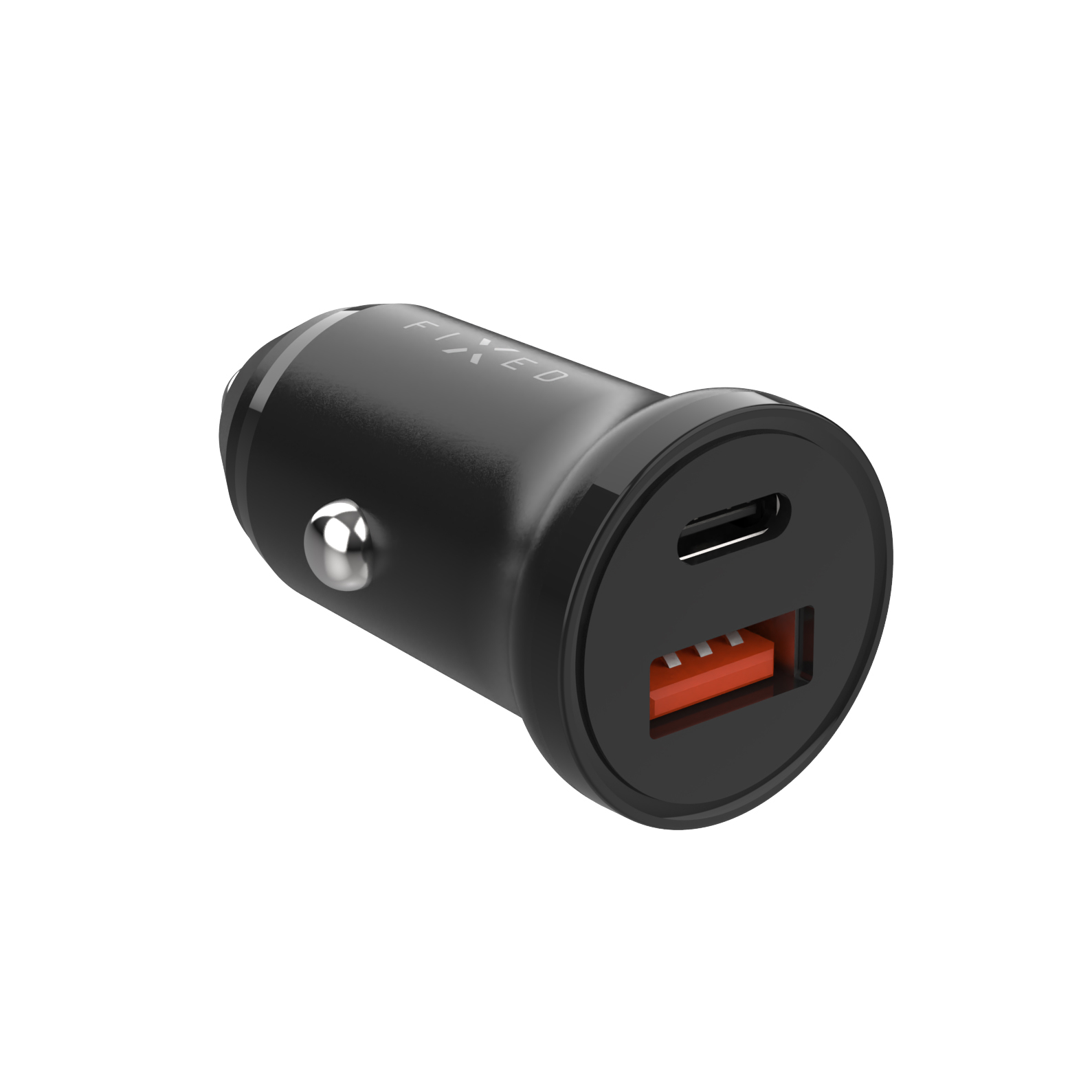 Ein schwarzes USB-KFZ-Ladegerät mit einem USB-C und einem orangen USB-A-Anschluss.
