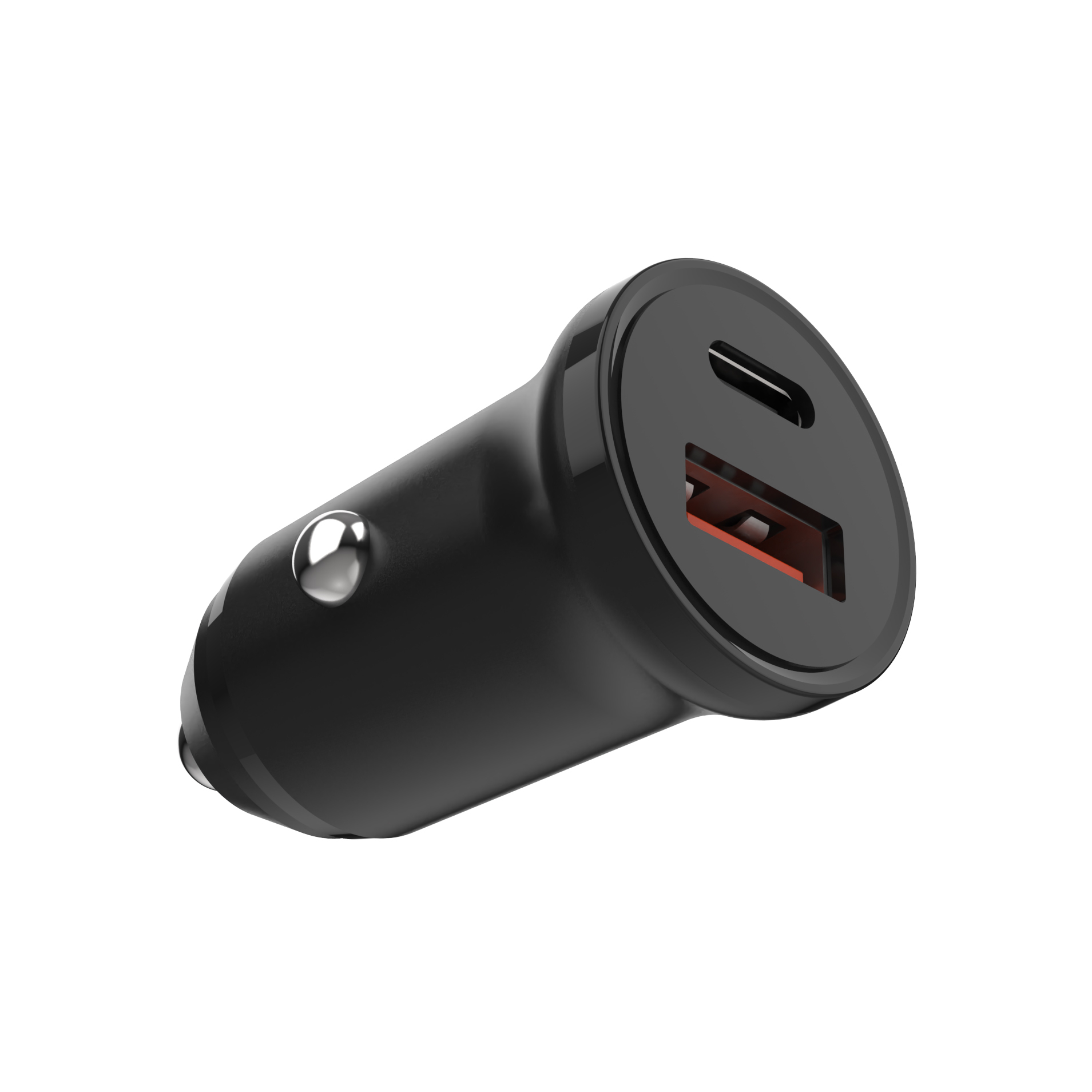 Schwarzes Autoladegerät mit einem USB-A- und einem USB-C-Anschluss auf weißem Hintergrund.