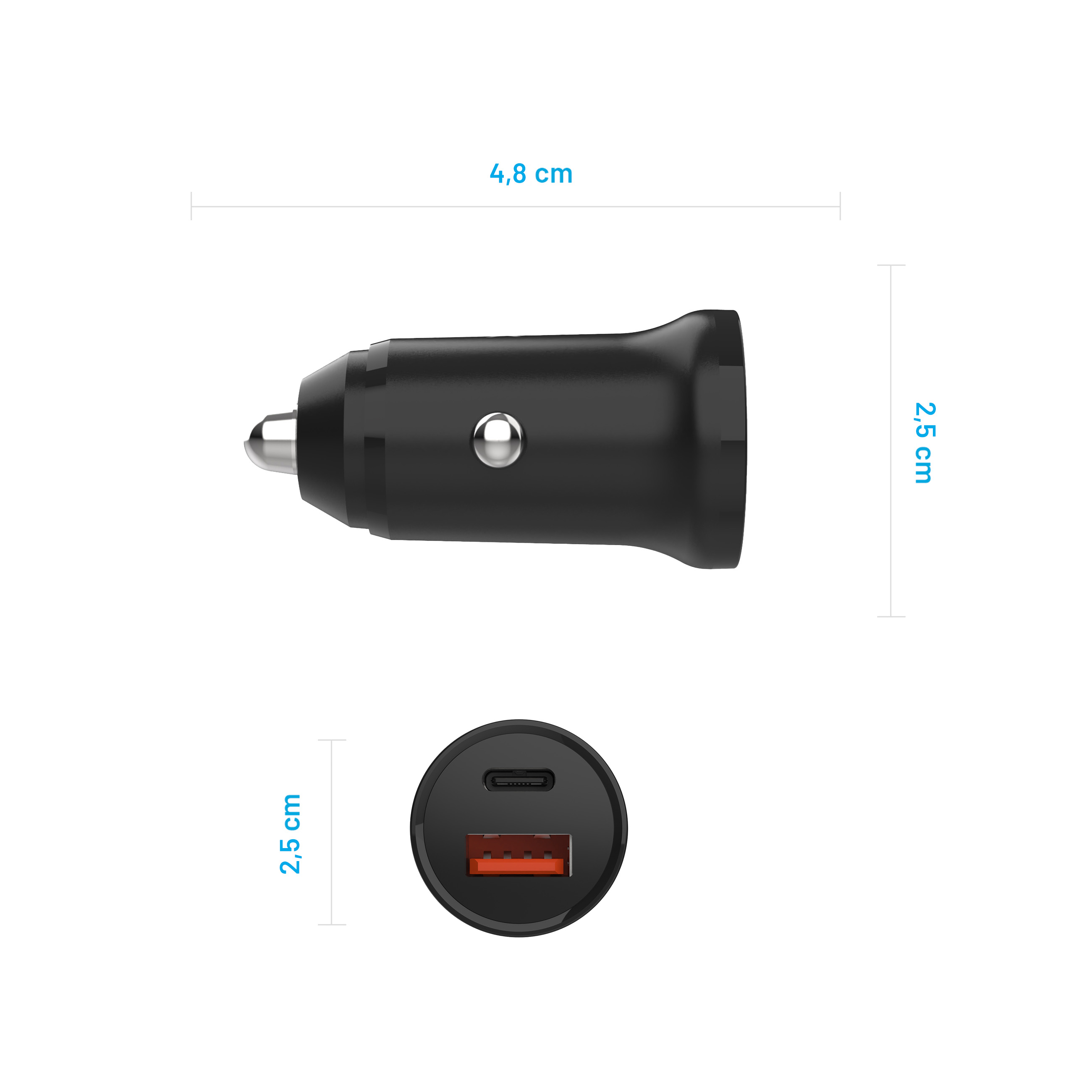 Schwarzes USB-Kfz-Ladegerät mit Maßen von 4,8 cm Länge und 2,5 cm Breite sowie USB-Anschlüssen.