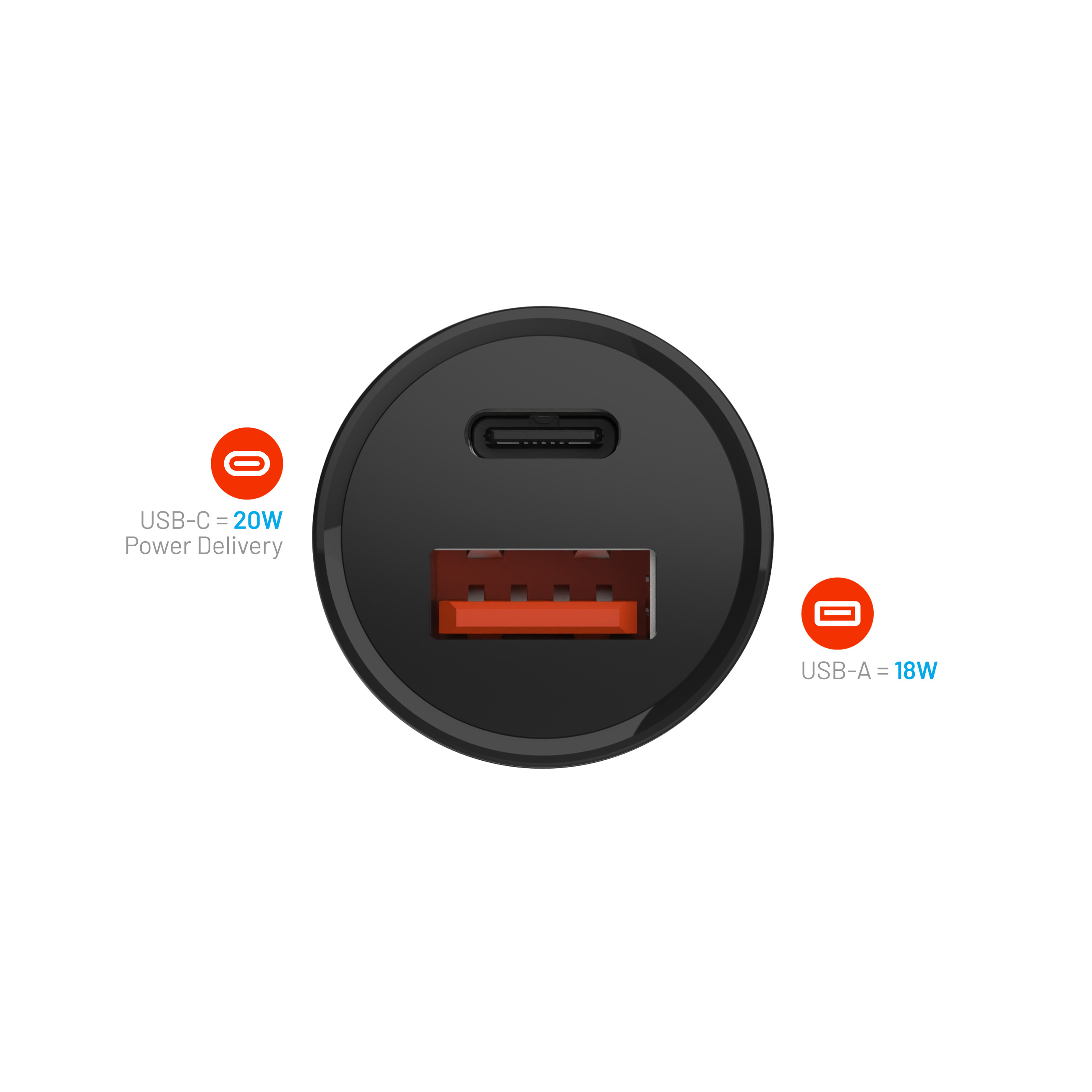 Schwarzer Wandlader mit USB-C- (20W) und USB-A-Anschluss (18W).