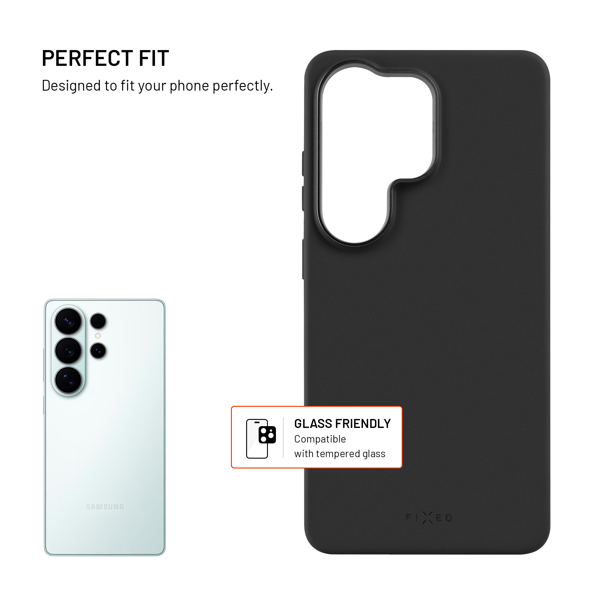 Eine schwarze Hülle neben einem weißen Smartphone mit Texten wie Perfekte Passform und Glasfreundlich.