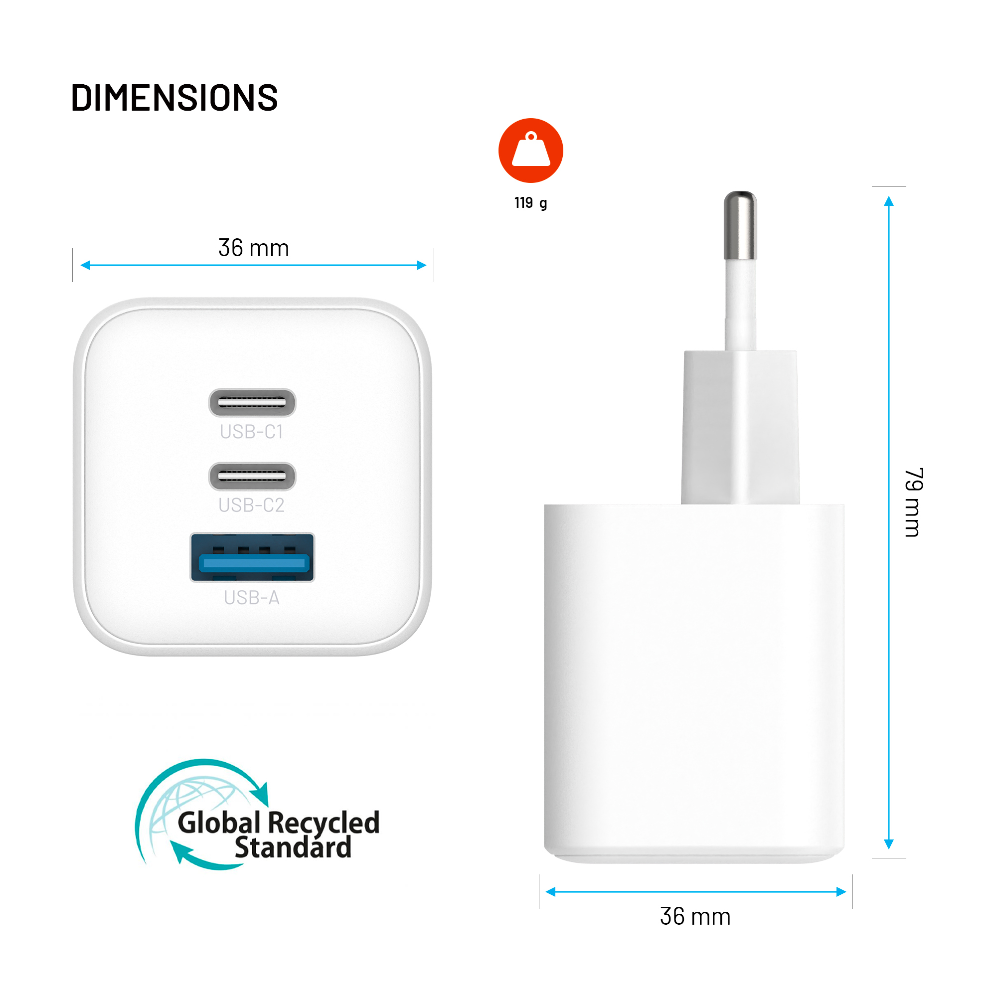 Weißes USB-Ladegerät mit drei Anschlüssen, Gewichts- und Maßangaben in Millimetern auf weißem Hintergrund.