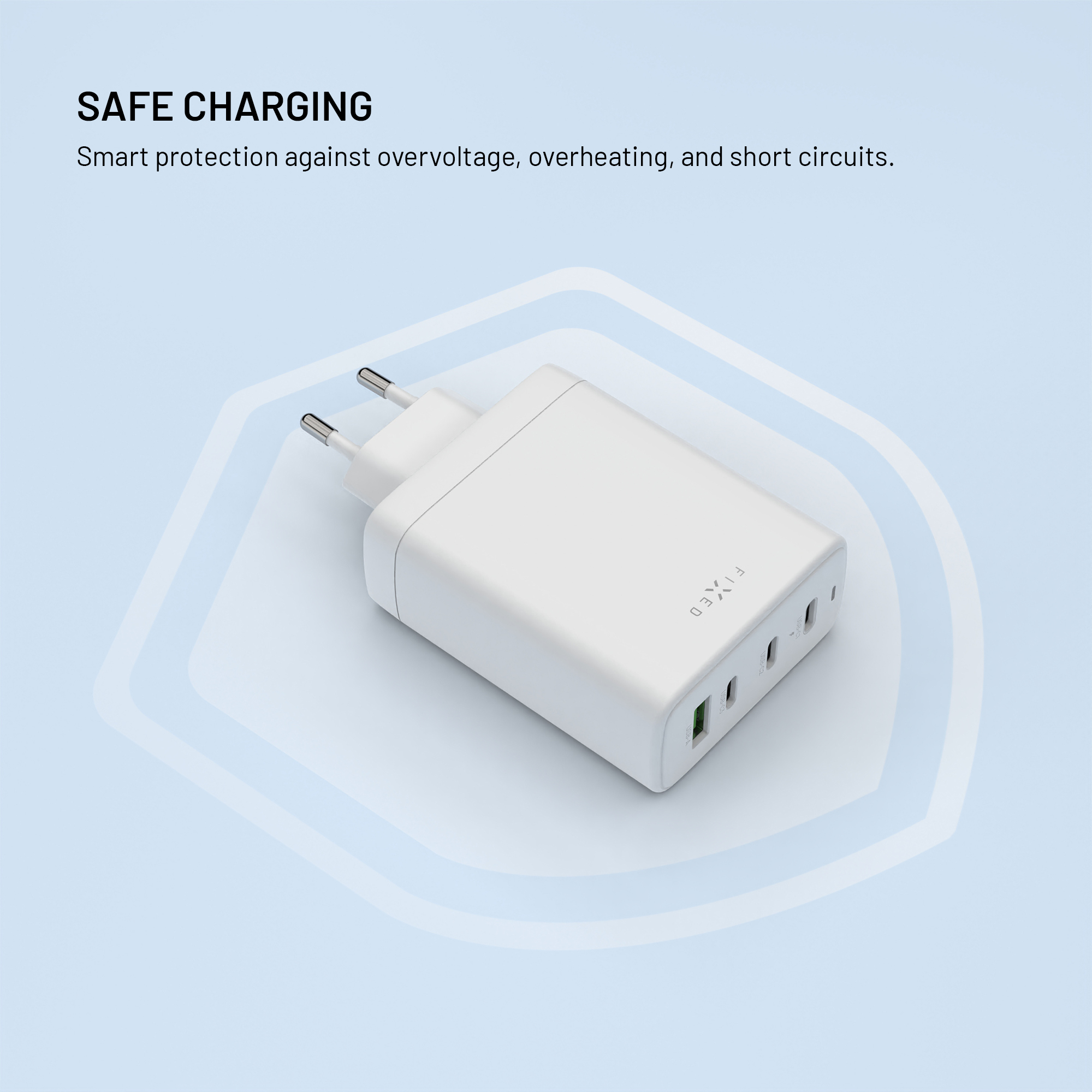 Weißes USB-Ladegerät mit mehreren Anschlüssen und Text zur sicheren Ladetechnologie vor blauem Hintergrund.