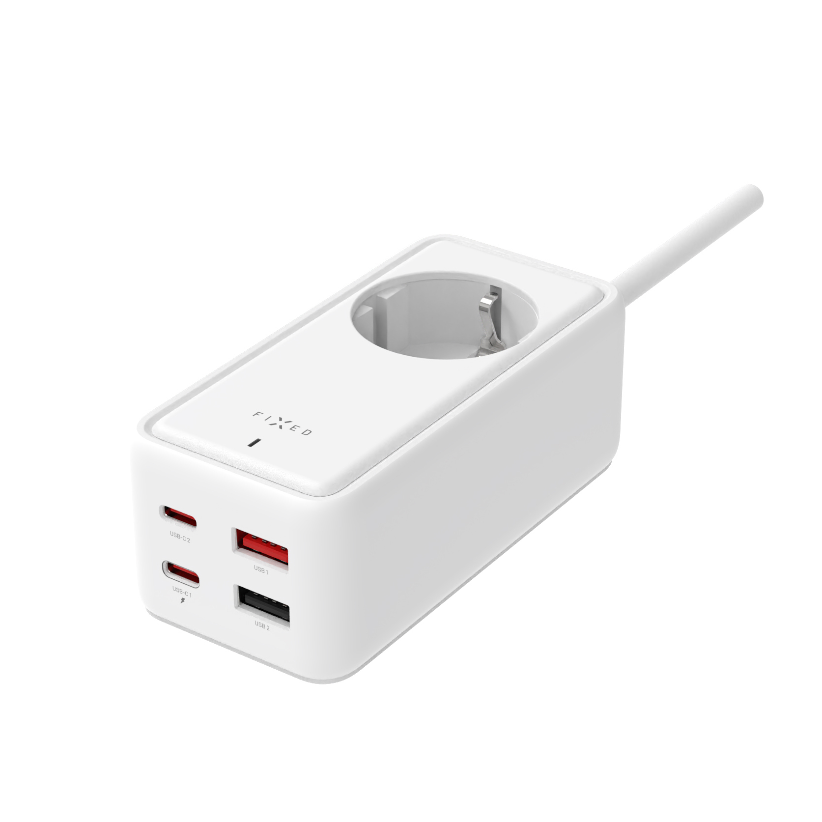 Weißer Steckdosenadapter mit zwei USB-C- und zwei USB-A-Anschlüssen auf einer Seite und angeschlossenem Kabel.