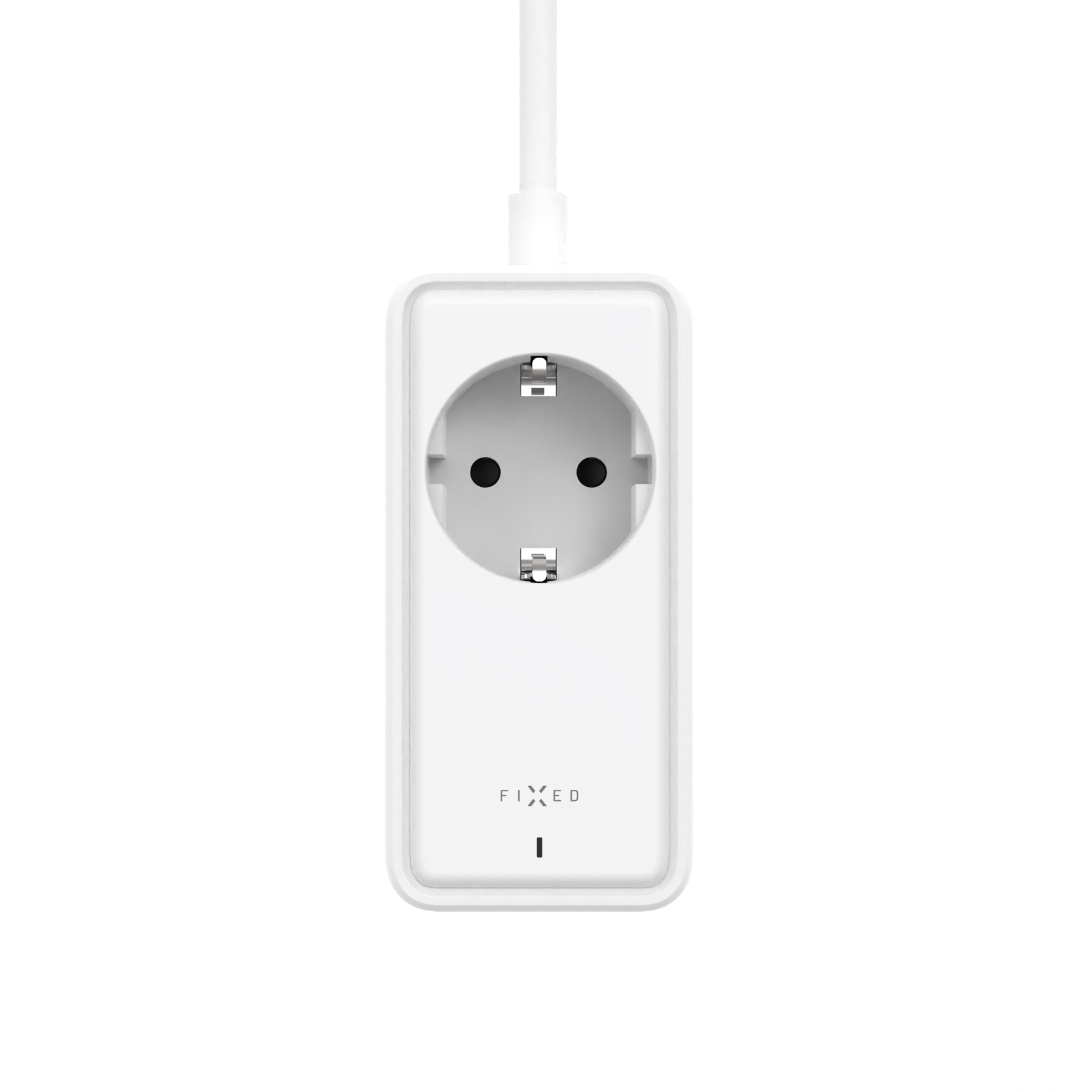 Eine weiße smarte Steckdose mit einem Kabel und der Aufschrift FIXED auf der Vorderseite vor weißem Hintergrund.