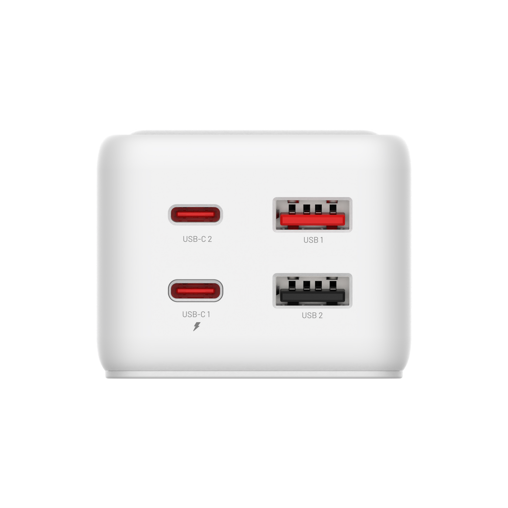 Weißer USB-Ladegerätblock mit zwei USB-C- und zwei USB-A-Anschlüssen.