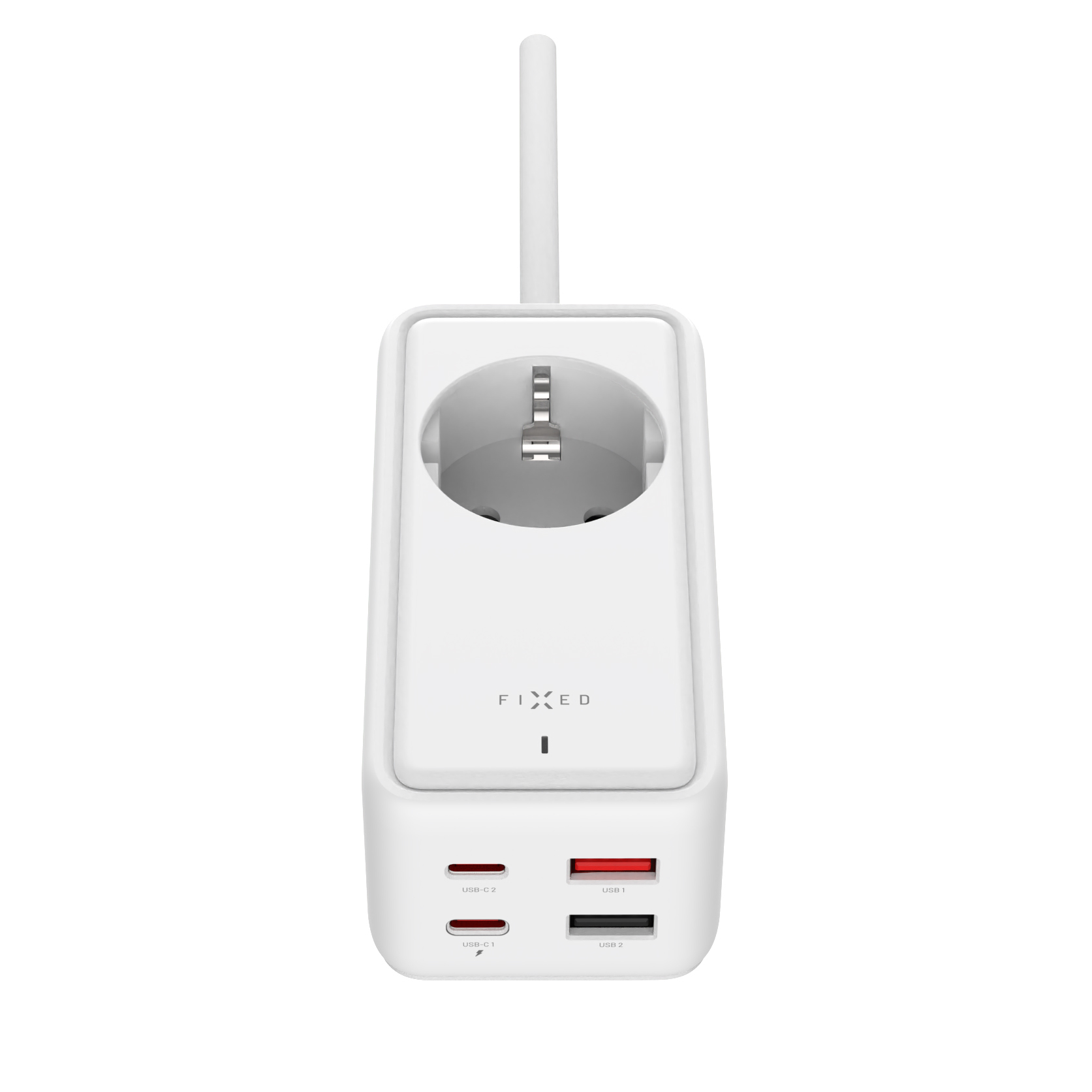 Weißer Mehrfachstecker mit einer Steckdose und vier USB-Anschlüssen.