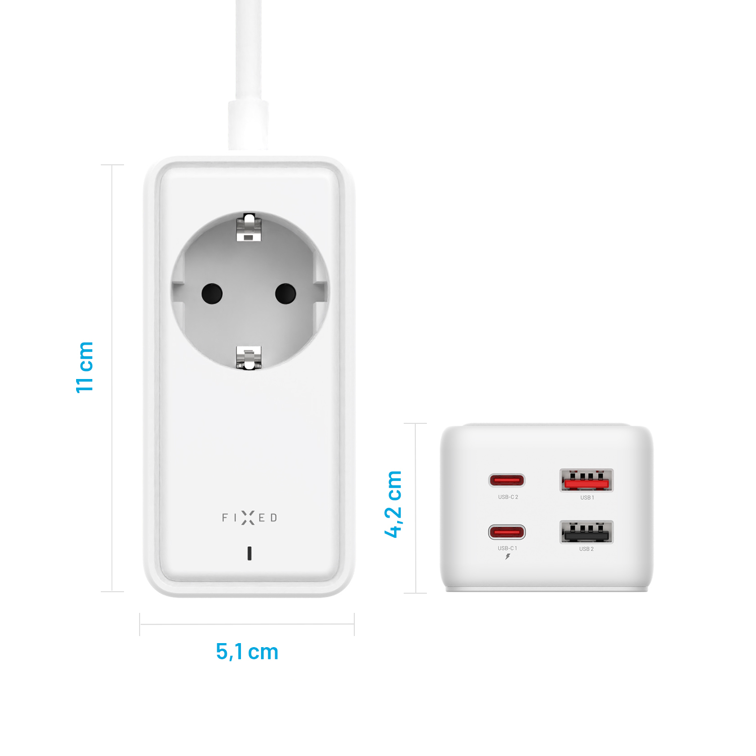 Weiße Fixed Steckdosenleiste mit Steckdose und USB-Anschlüssen, Maße 11x5,1x4,2 cm.