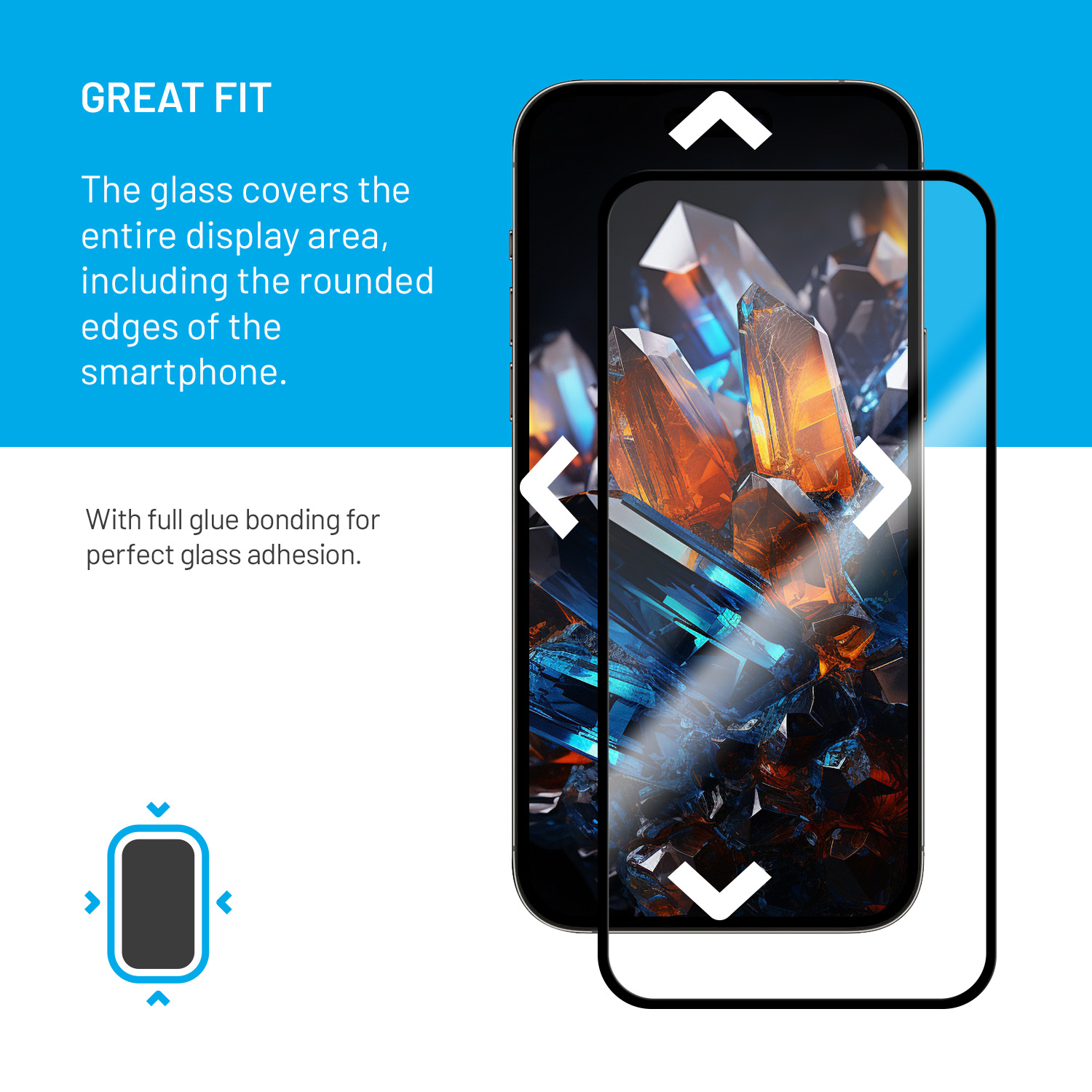 Eine Infografik zeigt ein Smartphone mit vollflächigem Displayschutz und erklärendem Text.