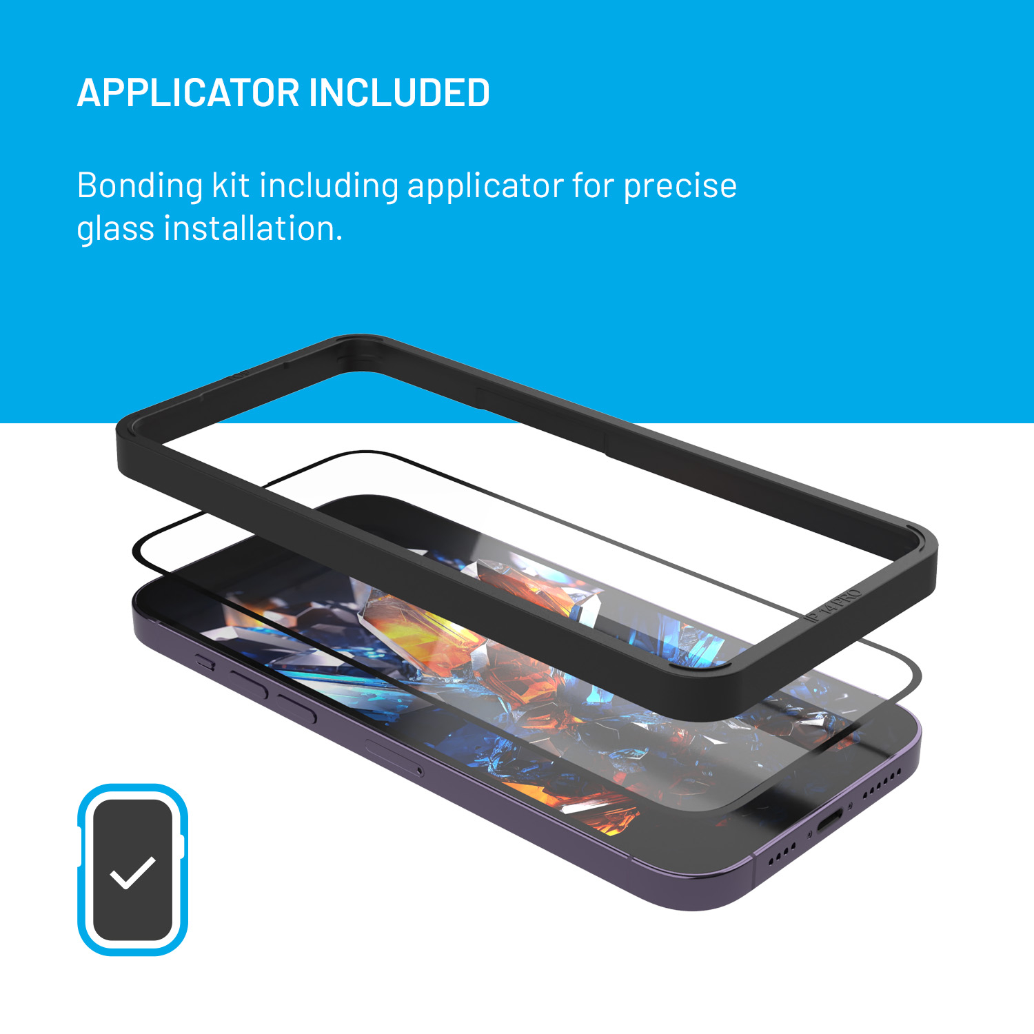 Applikator und Schutzglas über einem Smartphone auf blauem Hintergrund.