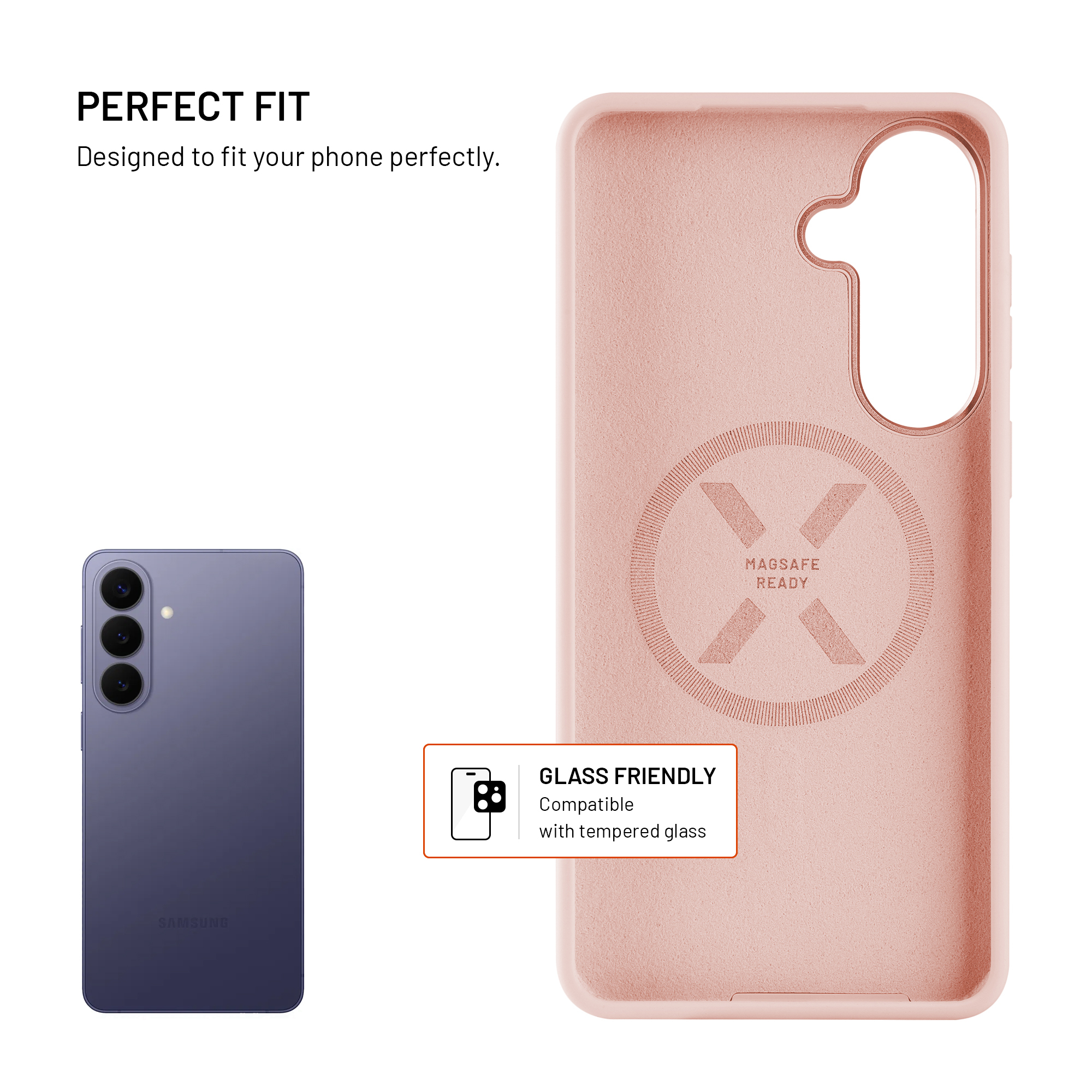 Rosa Handyhülle mit Magsafe-Logo, ein Smartphone und Text zur Passform auf weißem Grund.