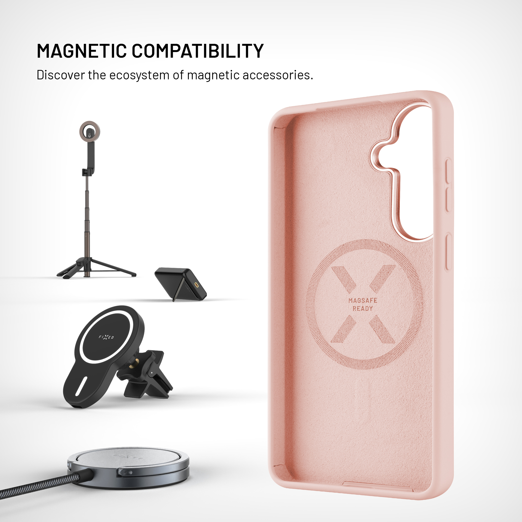 Eine rosa Handytasche mit MagSafe-Kompatibilität neben magnetischem Zubehör wie Ständern und Ladegeräten.