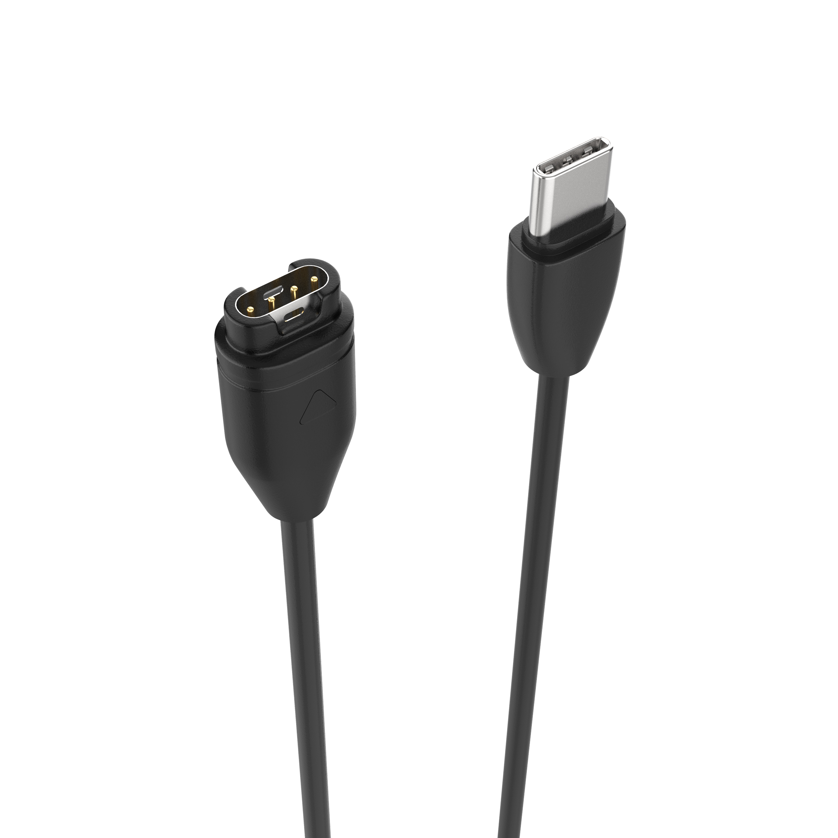 Ein schwarzes Ladekabel mit einem magnetischen Anschluss links und einem USB-C-Stecker rechts vor weißem Hintergrund.