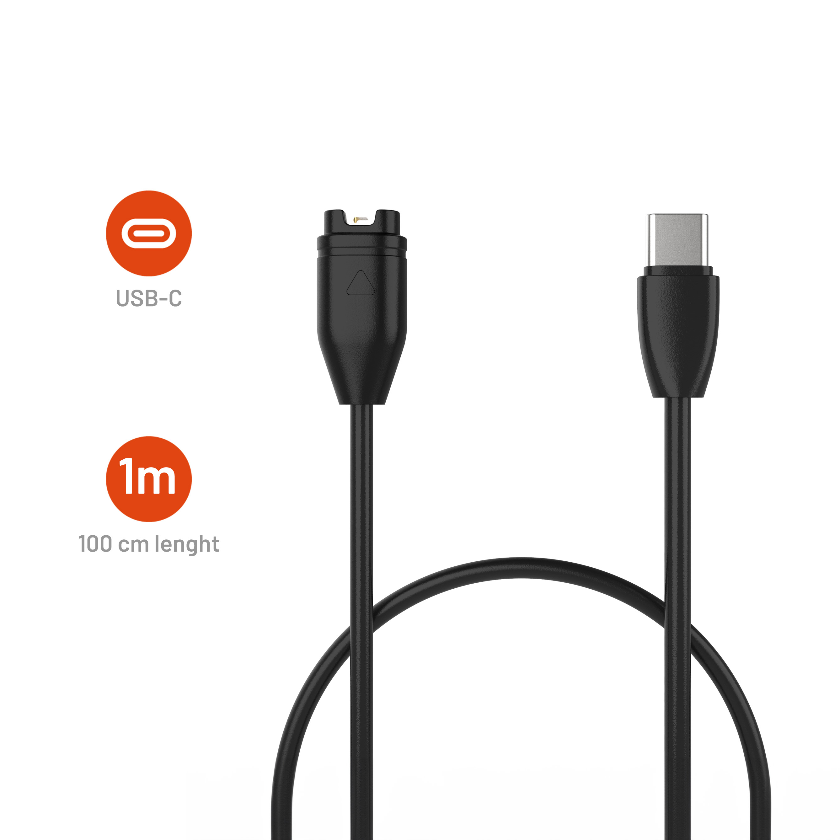 Ein schwarzes 1 Meter langes USB-C Ladekabel mit einem speziellen Steckkopf auf einer weißen Oberfläche.