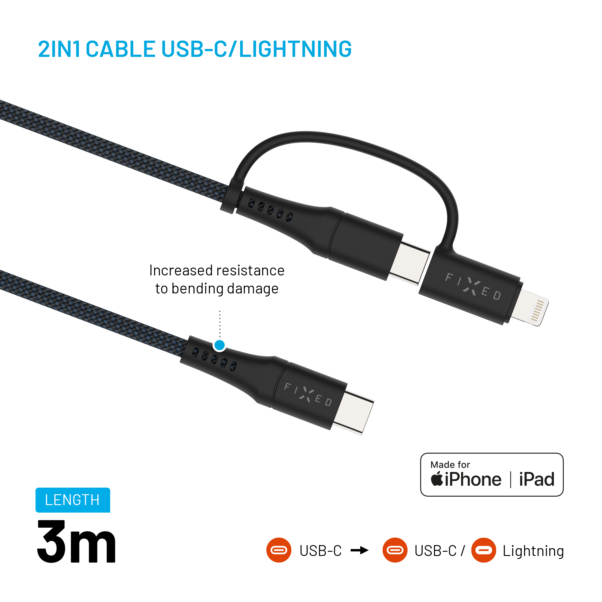 Ein schwarzes 3m 2-in-1 USB-C auf USB-C und Lightning Nylonkabel mit Knickschutz.