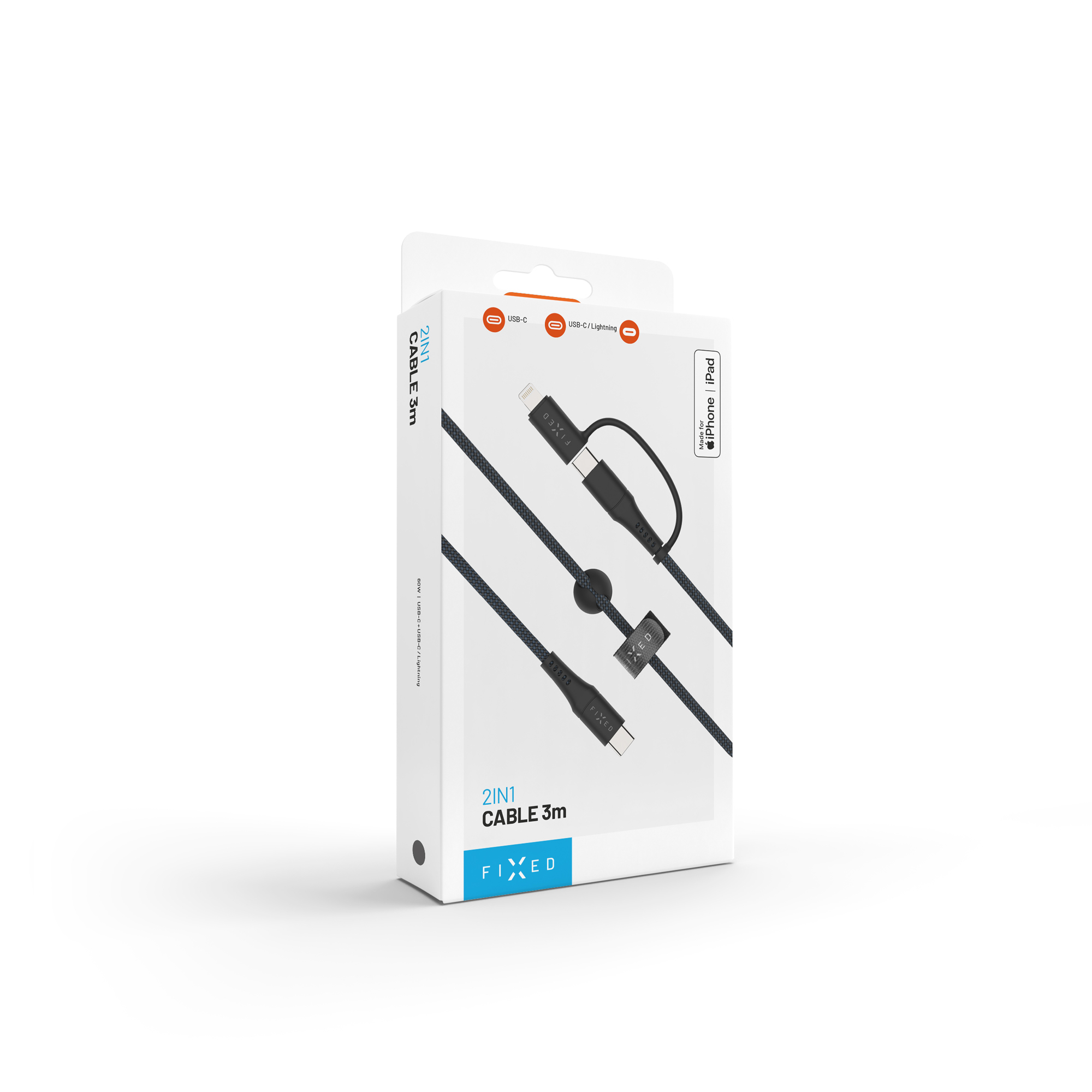 Weisse Produktbox fuer Fixed 2in1 Kabel 3m mit schwarzem geflochtenen Kabel und USB-C- sowie Lightning-Anschluessen.